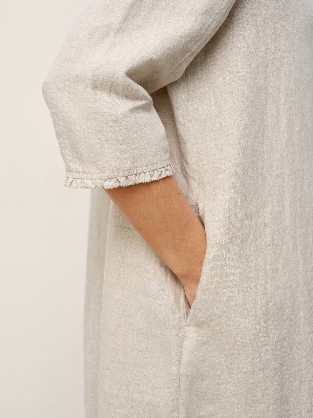 LINTICO 100% Linen Ruffle Trim Inverted Pleat Midi Dress LAVINIA — detail shot 9