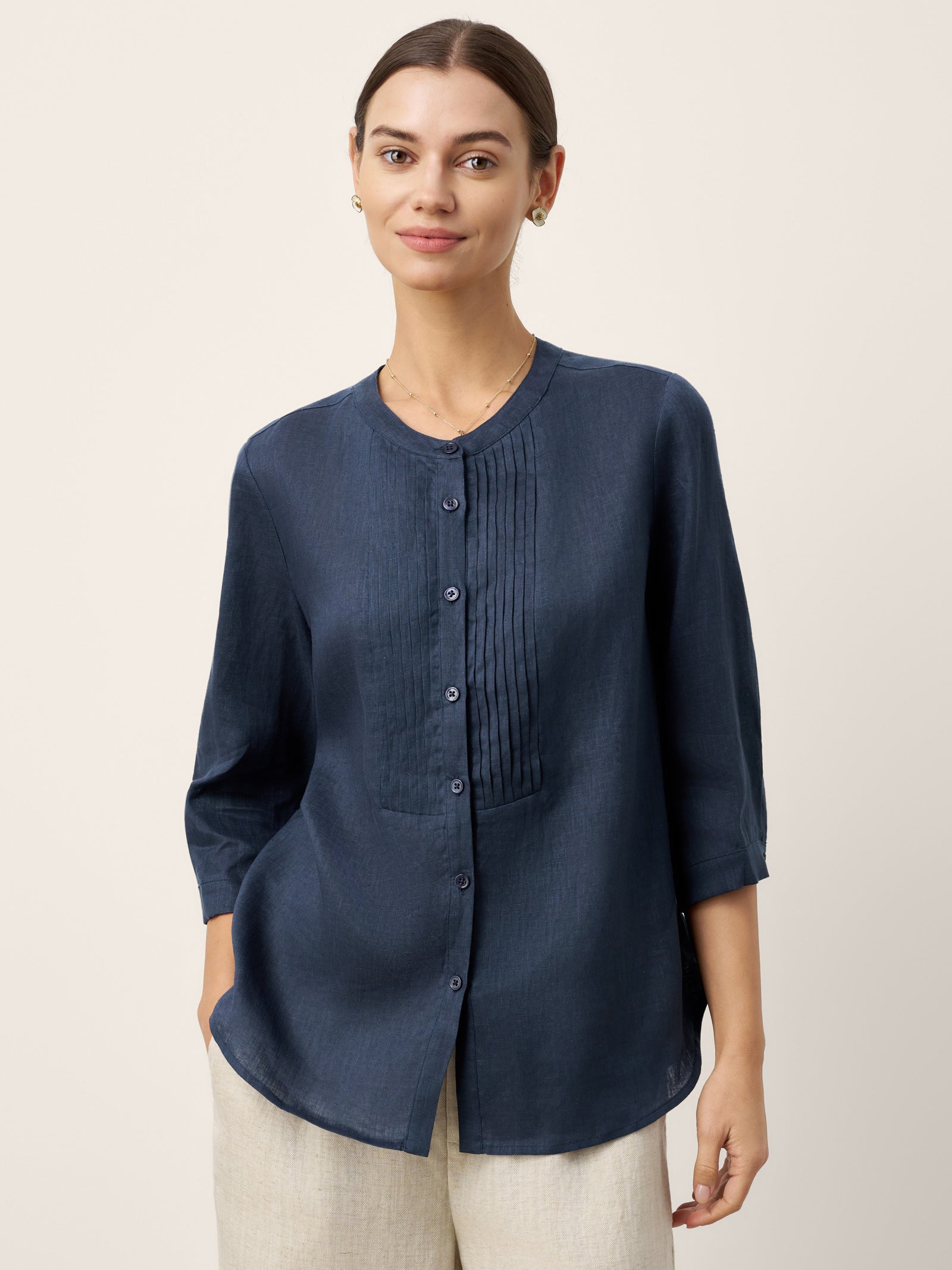 LINTICO 100% Linen Sculpted Accordion Pleat Crew Neck Shirt RANA — side view