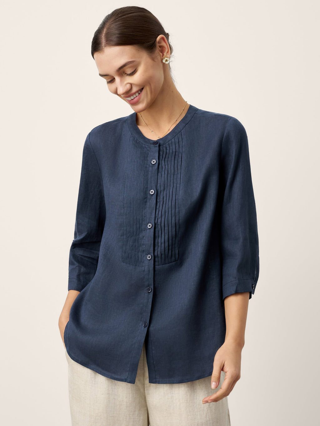 LINTICO 100% Linen Sculpted Accordion Pleat Crew Neck Shirt RANA — main product shot