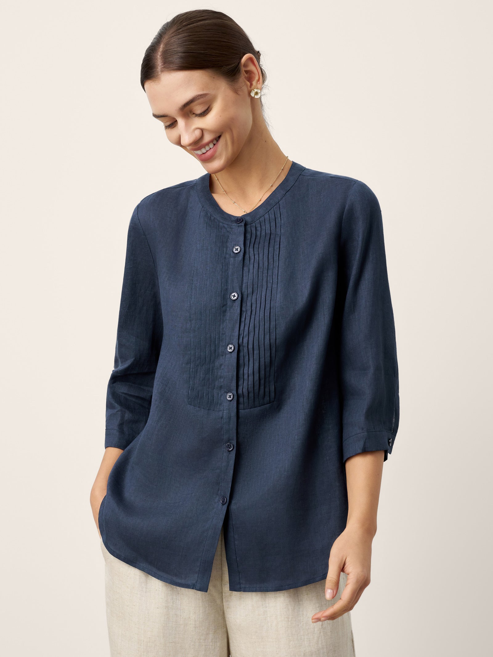 LINTICO 100% Linen Sculpted Accordion Pleat Crew Neck Shirt RANA — main product shot