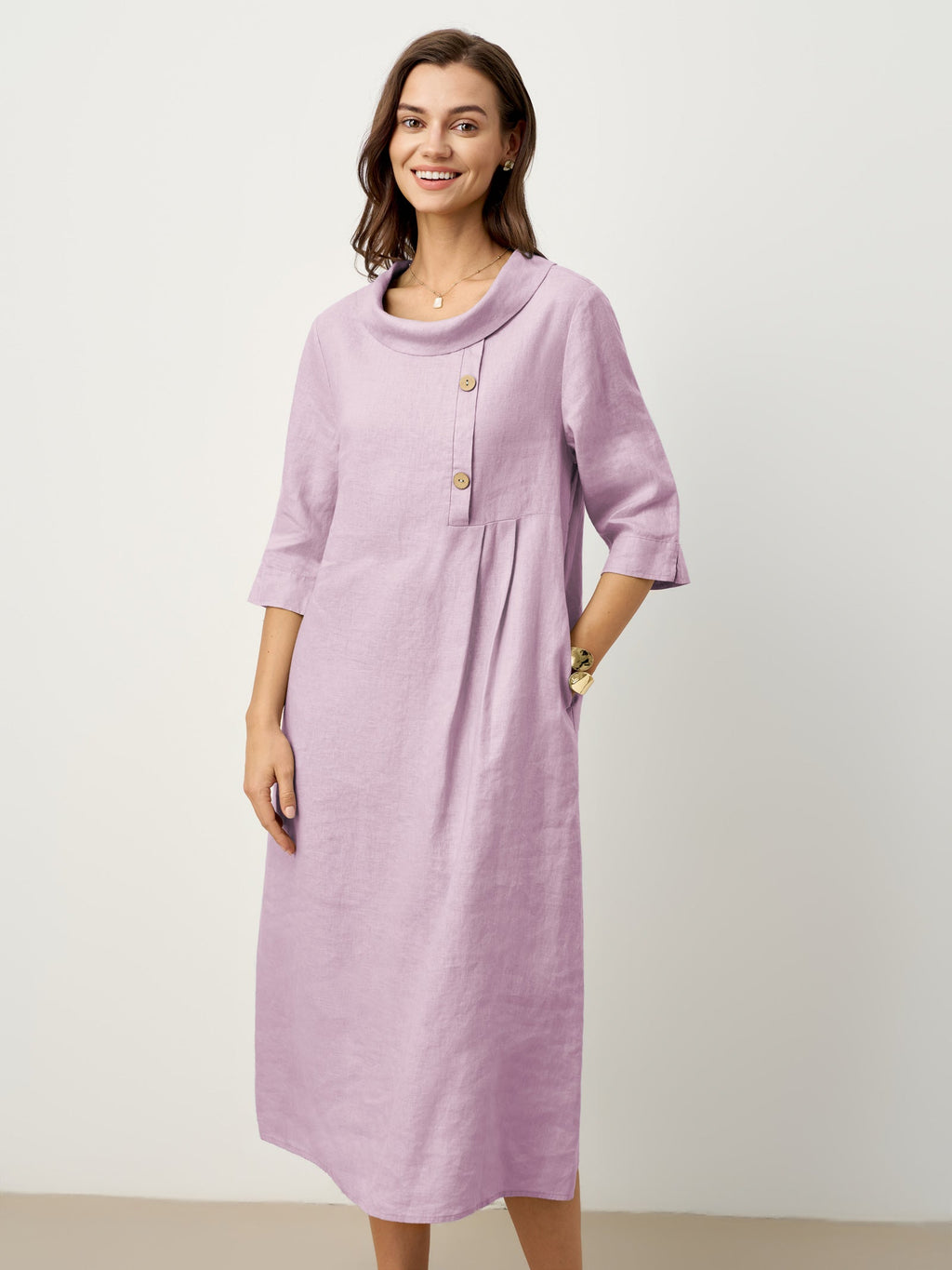 LINTICO 100% Linen Rolled Collar Asymmetric Button Maxi Dress ELARAINE — detail shot 9