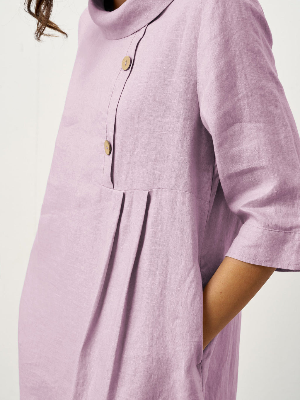 LINTICO 100% Linen Rolled Collar Asymmetric Button Maxi Dress ELARAINE — product on model