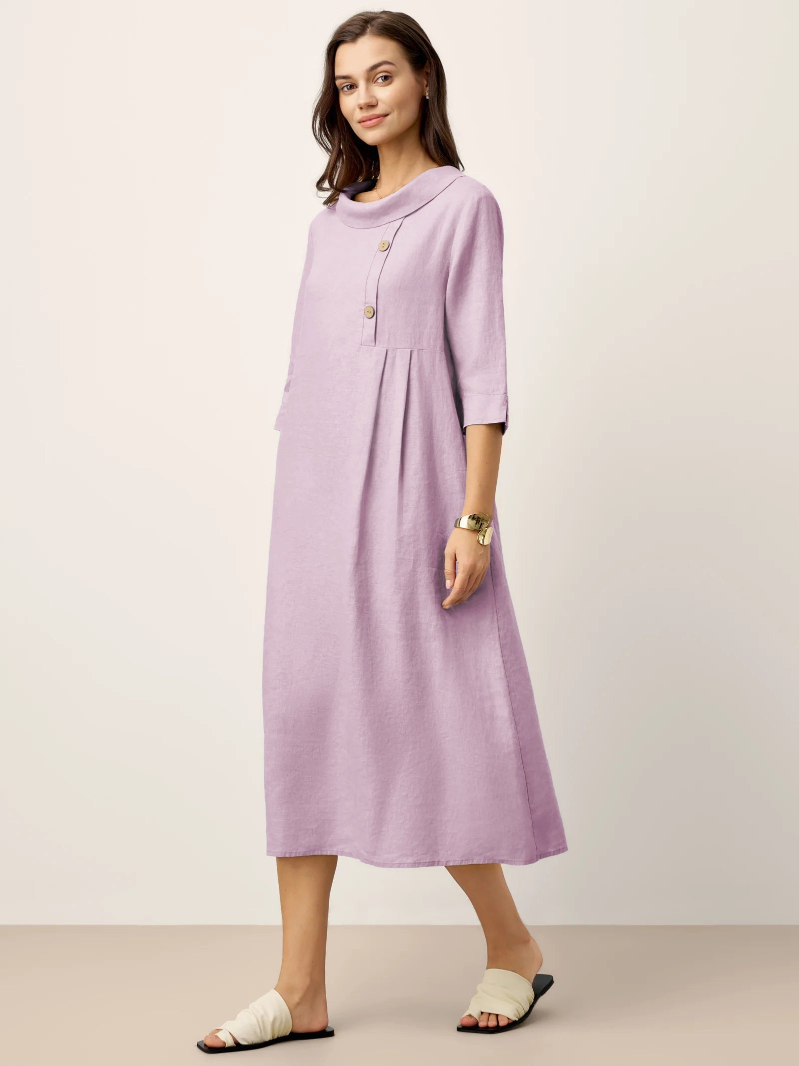 LINTICO 100% Linen Rolled Collar Asymmetric Button Maxi Dress ELARAINE — feature highlight
