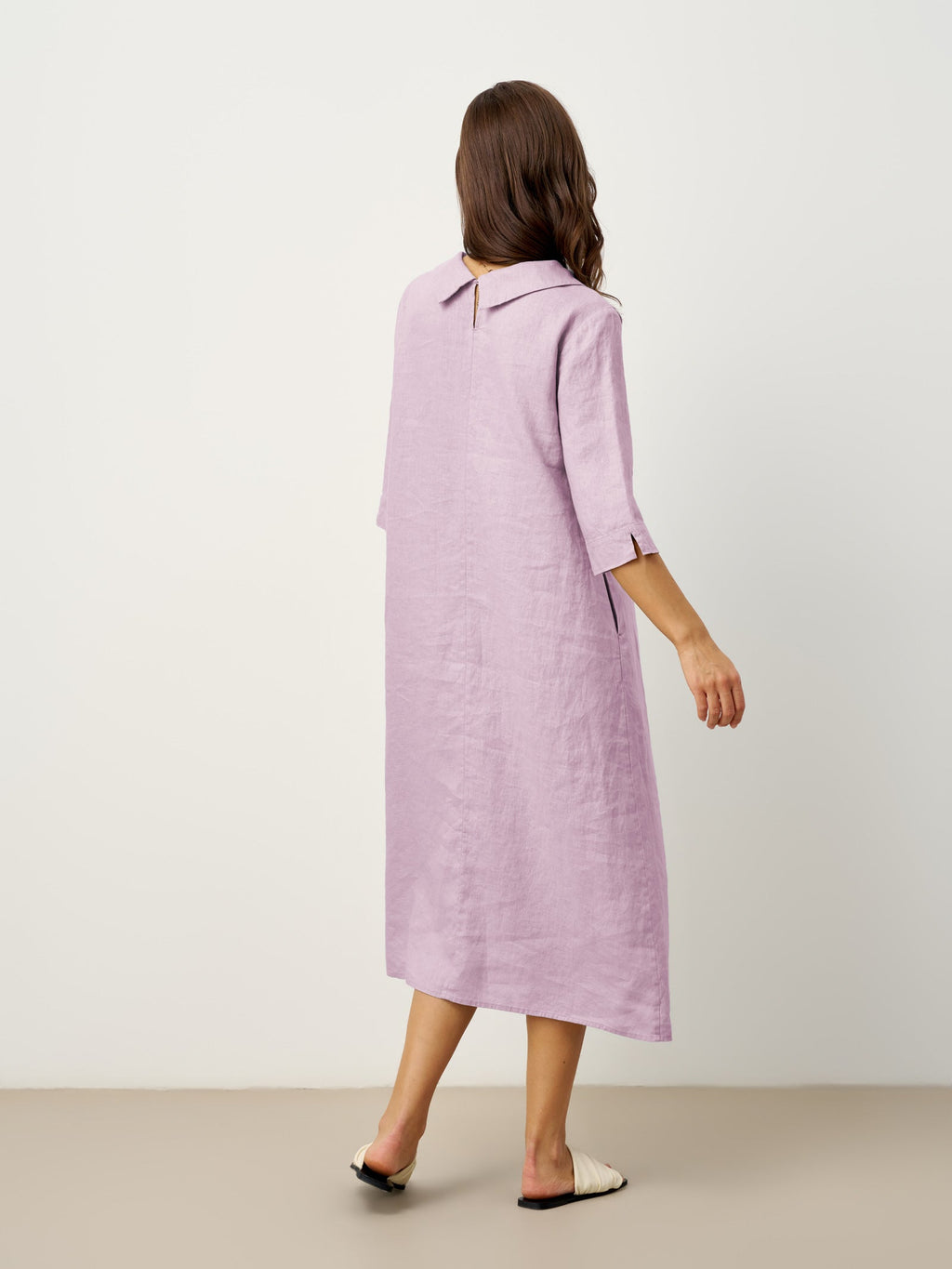 LINTICO 100% Linen Rolled Collar Asymmetric Button Maxi Dress ELARAINE — fabric or material detail