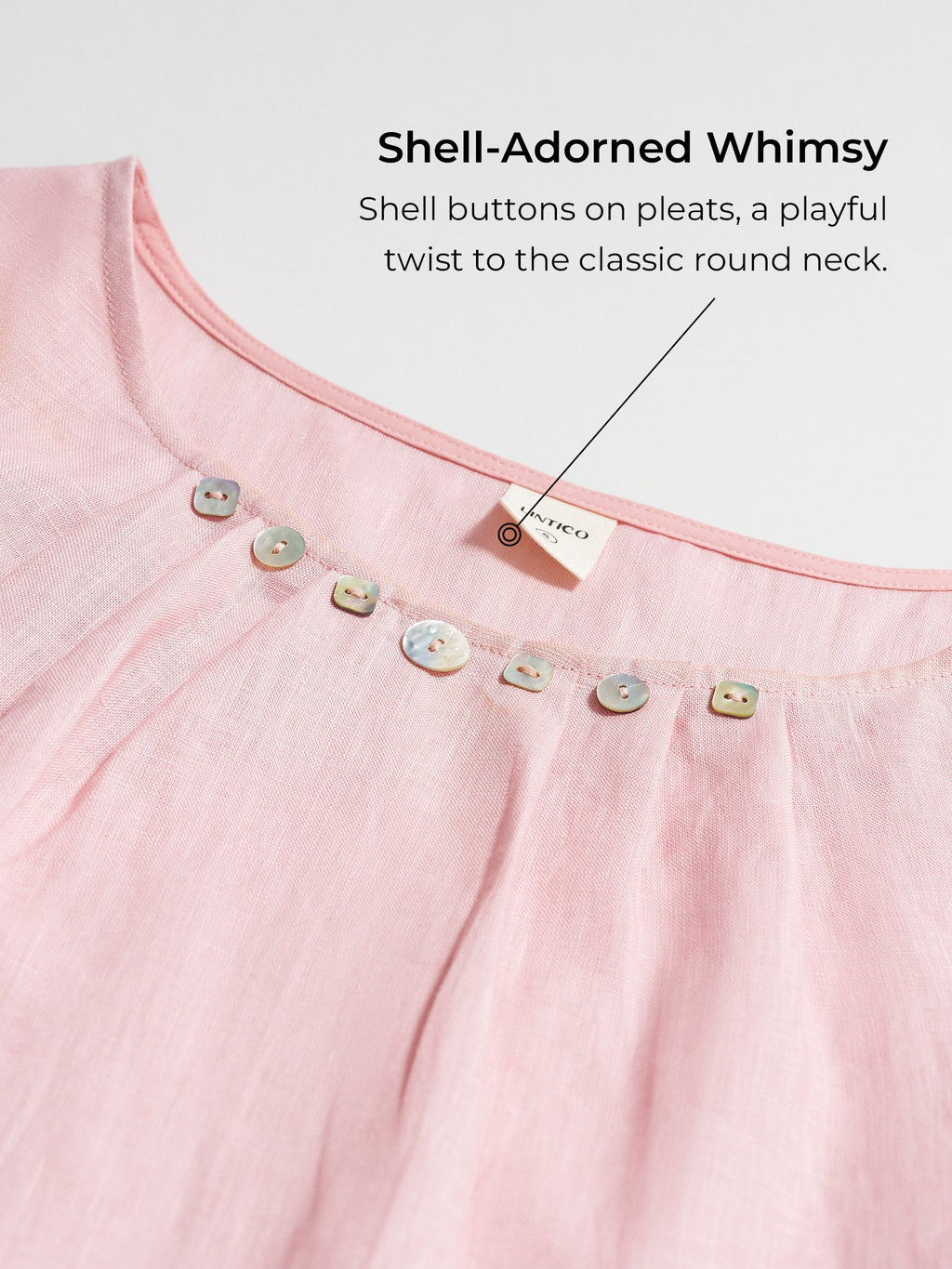 LINTICO 100% Linen Shell Button Pleated Crew Neck Top RENA — LINTICO branding close-up
