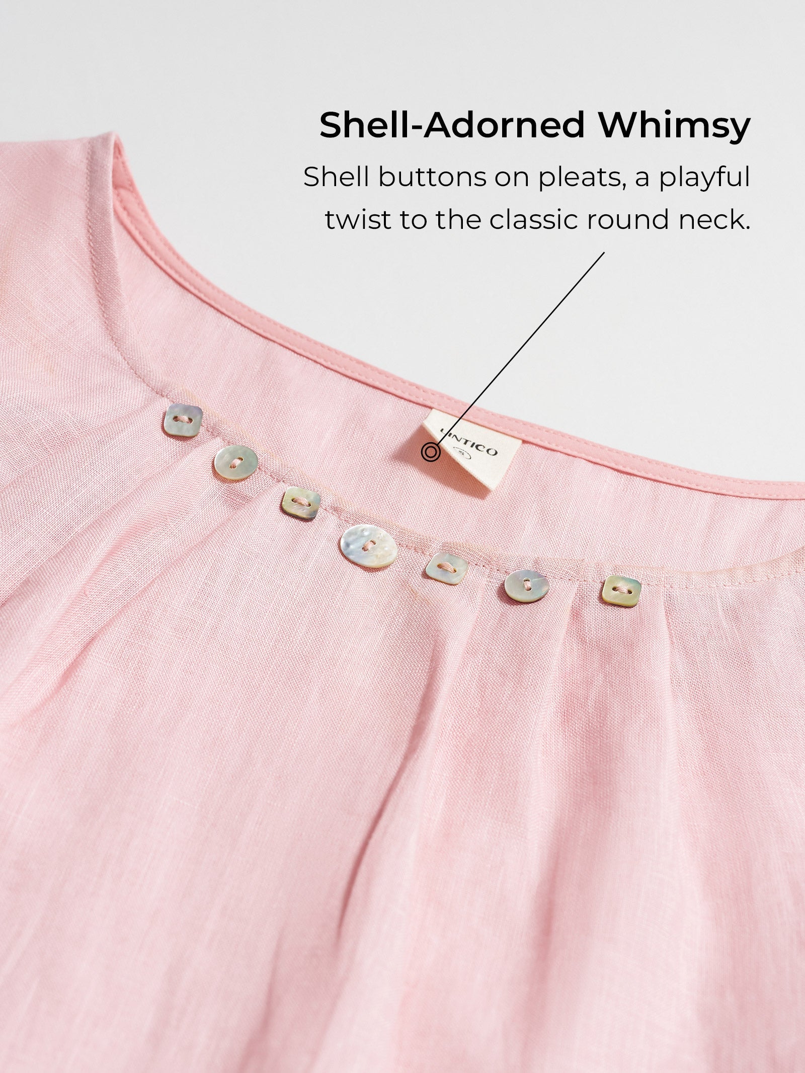 LINTICO 100% Linen Shell Button Pleated Crew Neck Top RENA — LINTICO branding close-up