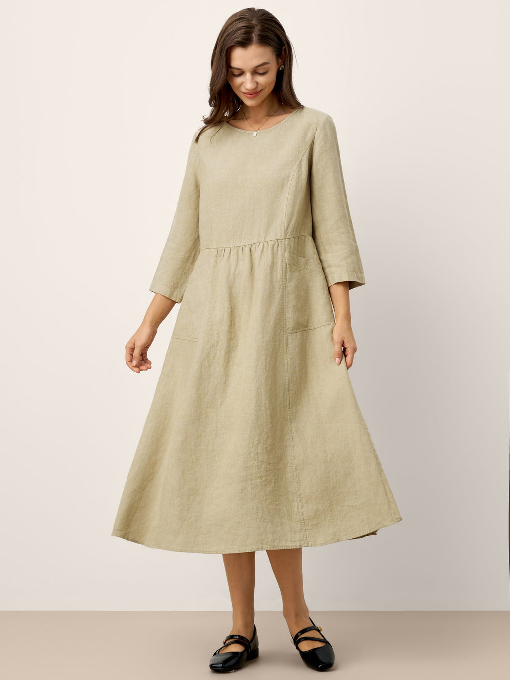 LINTICO 100% Linen Shirred Waistline Patch Pocket Maxi Dress MARCELLA — main product shot