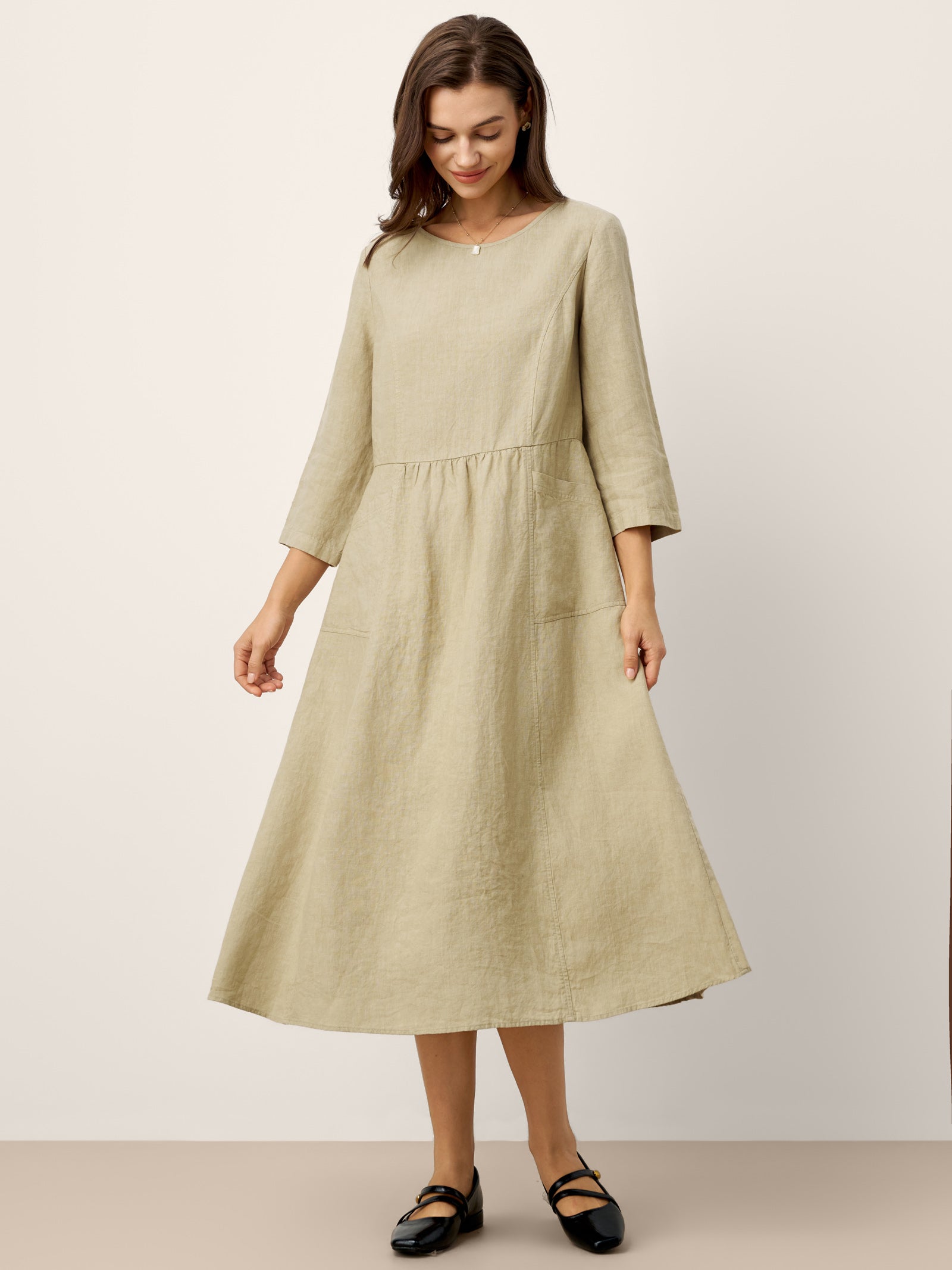 LINTICO 100% Linen Shirred Waistline Patch Pocket Maxi Dress MARCELLA — main product shot
