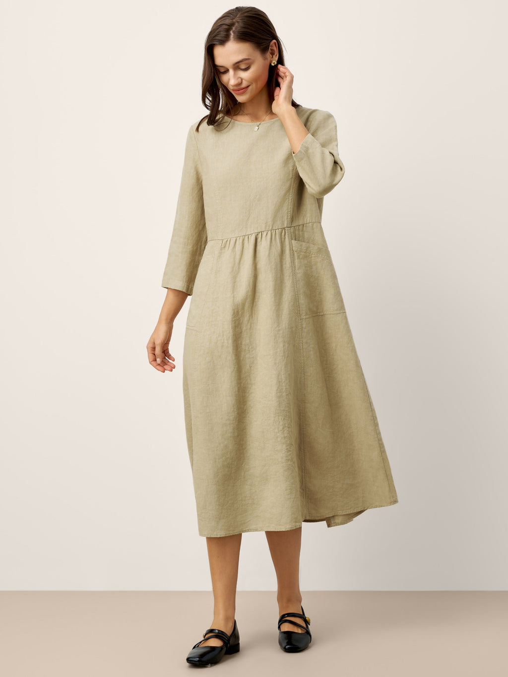 LINTICO 100% Linen Shirred Waistline Patch Pocket Maxi Dress MARCELLA — lifestyle worn / used context