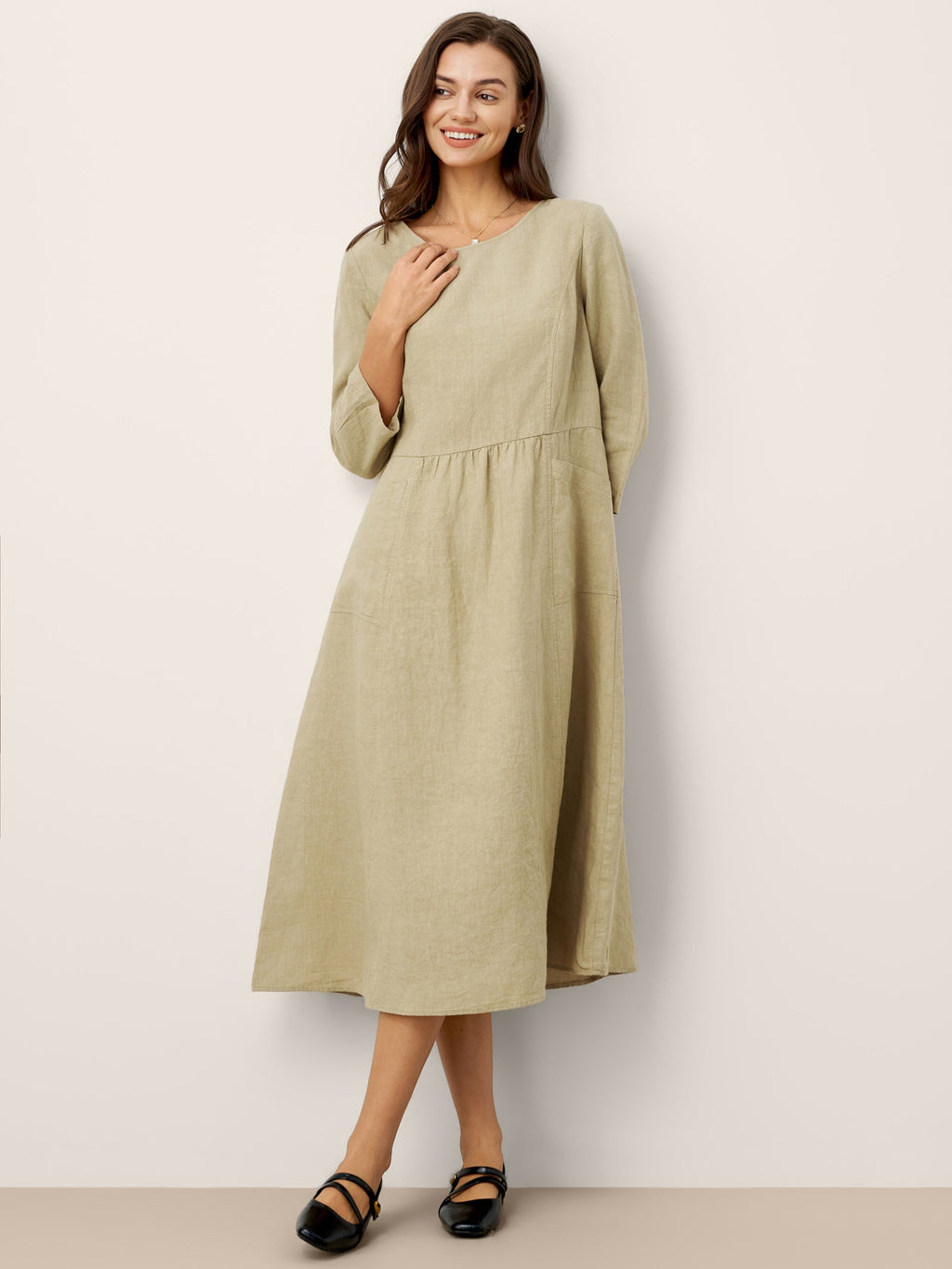 LINTICO 100% Linen Shirred Waistline Patch Pocket Maxi Dress MARCELLA — detail shot 6
