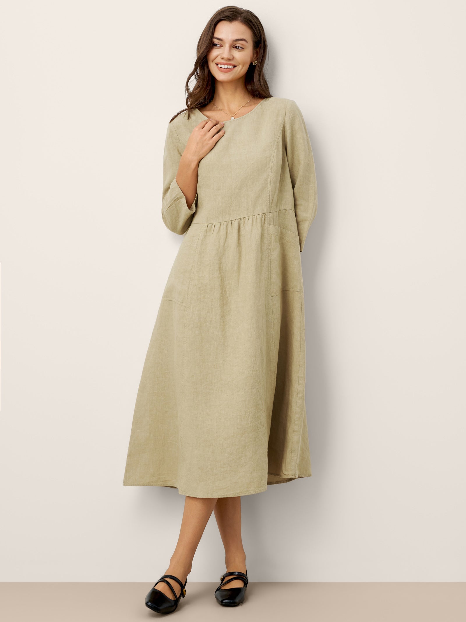 LINTICO 100% Linen Shirred Waistline Patch Pocket Maxi Dress MARCELLA — detail shot 6