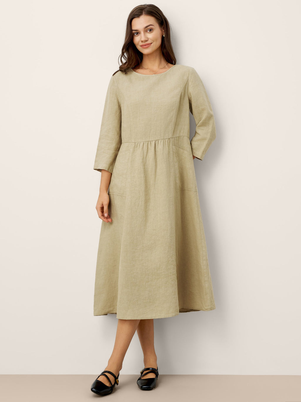 LINTICO 100% Linen Shirred Waistline Patch Pocket Maxi Dress MARCELLA — dresses-maxi dresses-linen category context