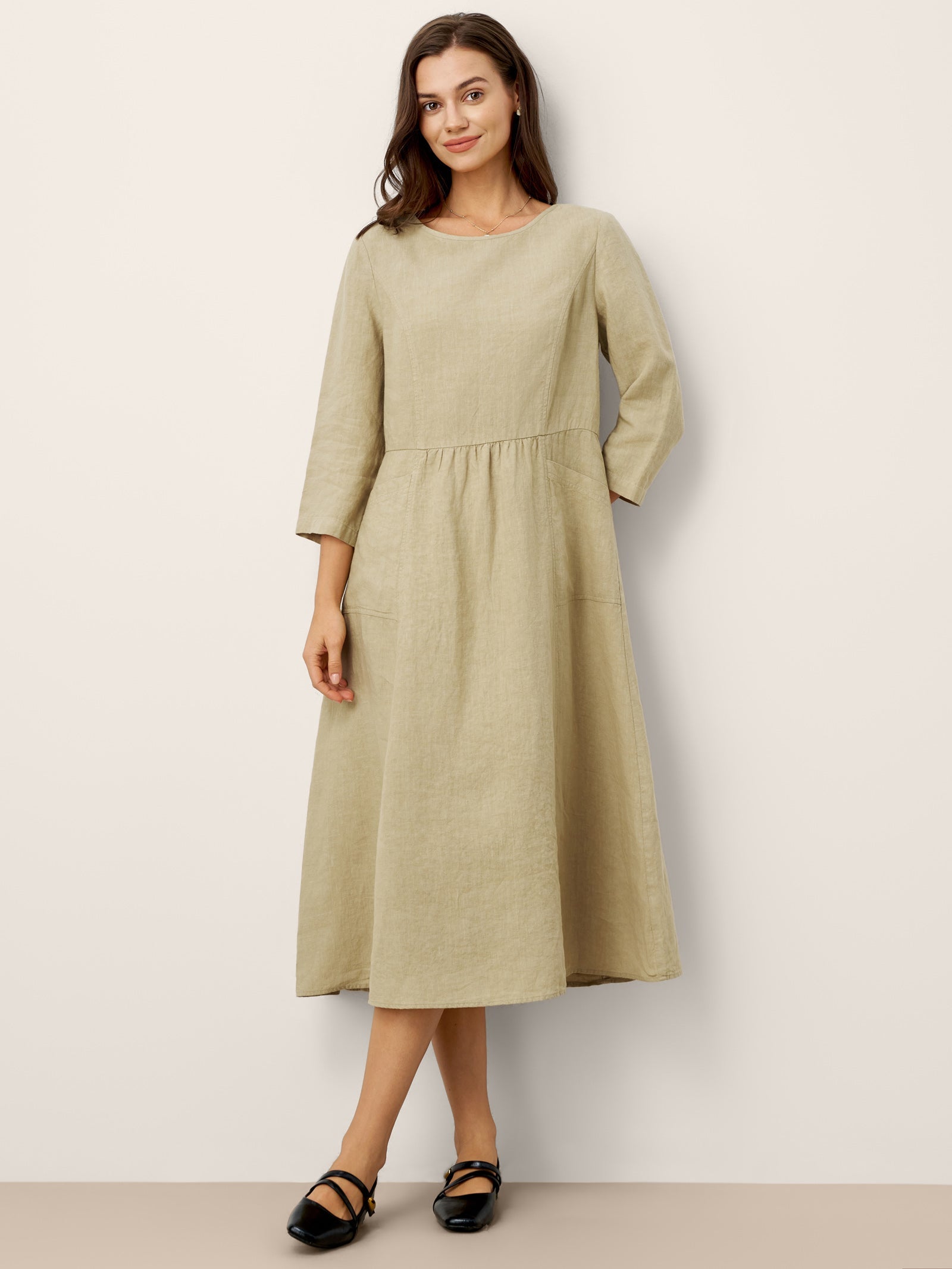 LINTICO 100% Linen Shirred Waistline Patch Pocket Maxi Dress MARCELLA — dresses-maxi dresses-linen category context