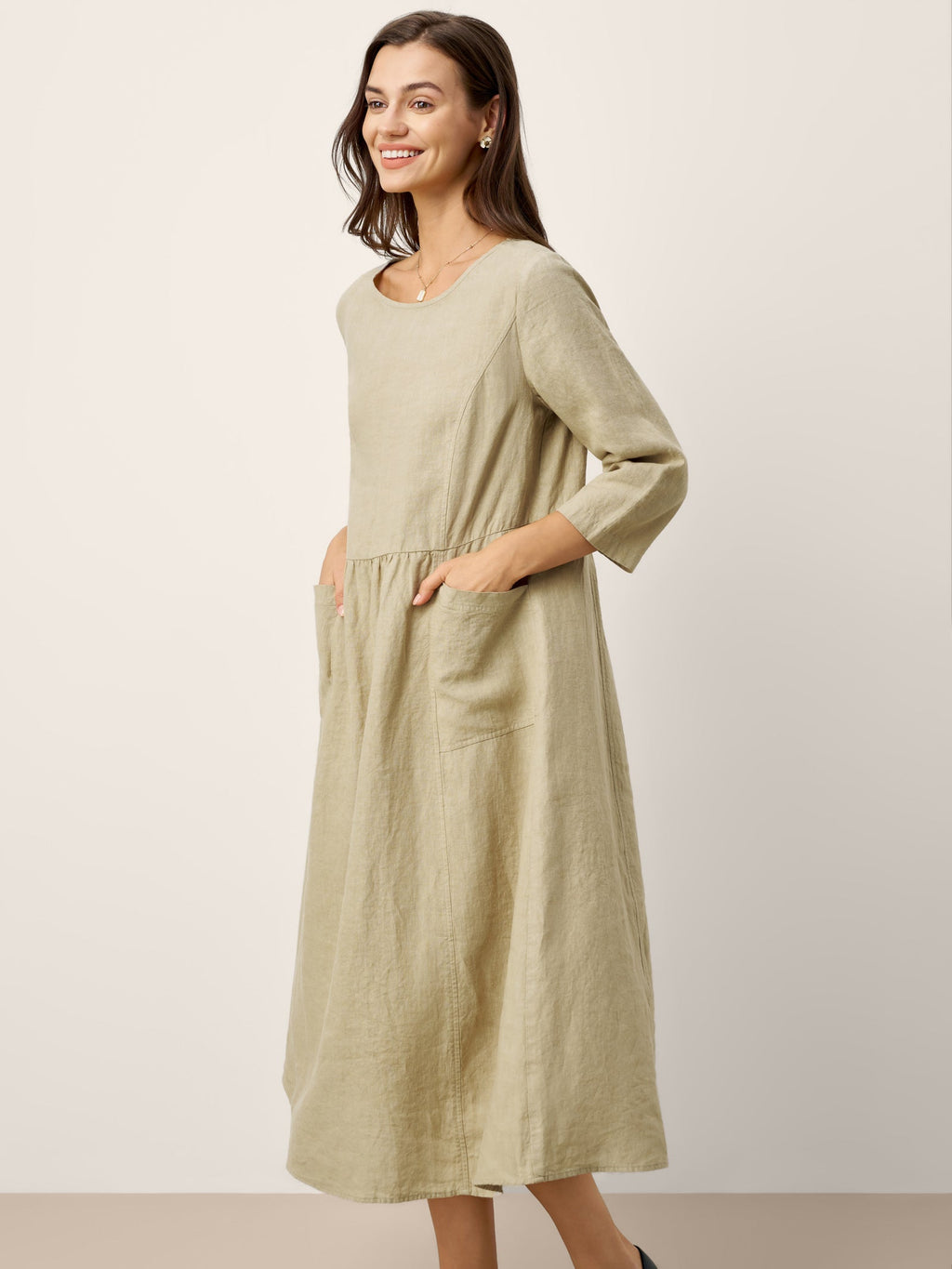 LINTICO 100% Linen Shirred Waistline Patch Pocket Maxi Dress MARCELLA — detail shot 8
