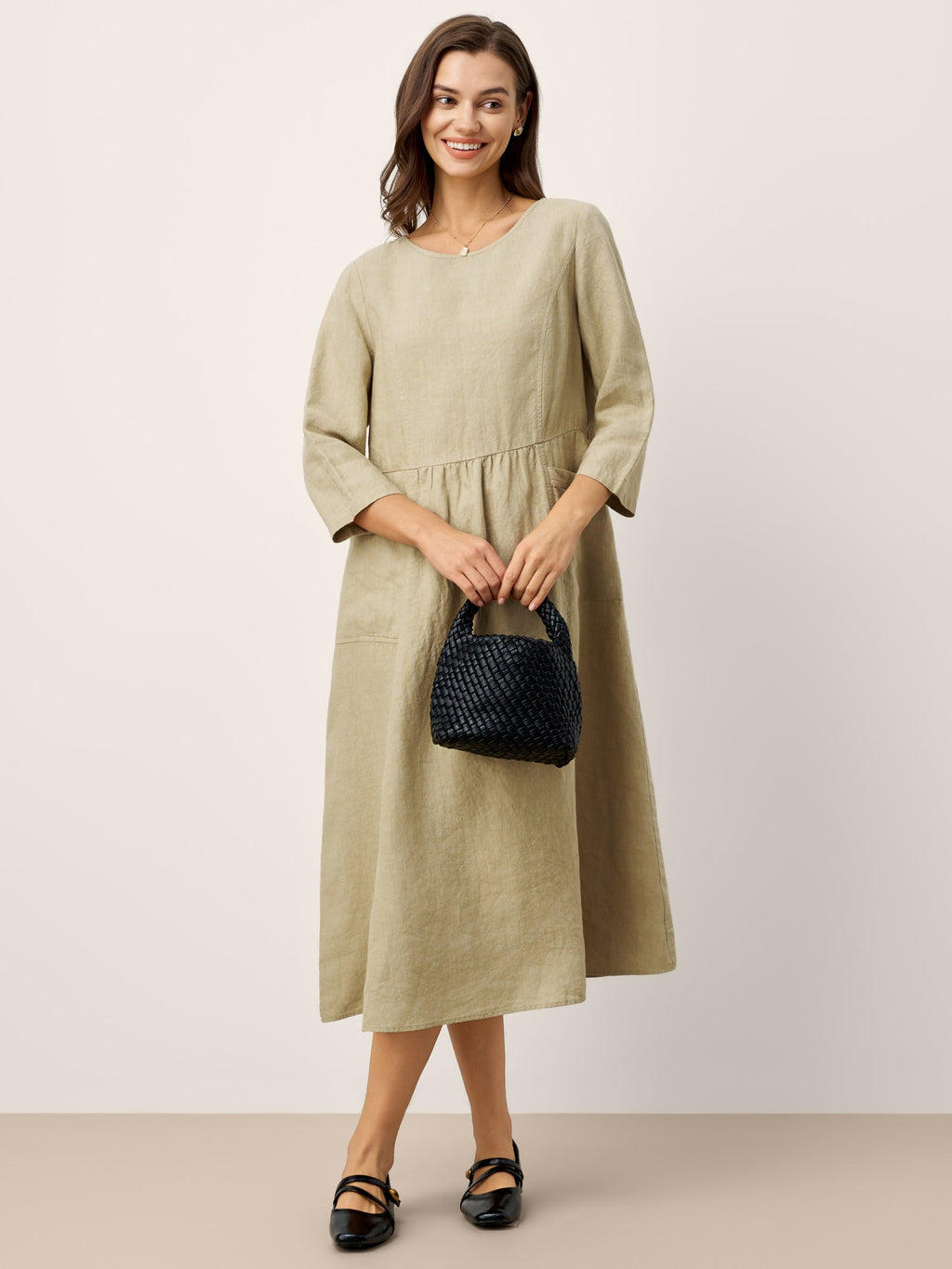 LINTICO 100% Linen Shirred Waistline Patch Pocket Maxi Dress MARCELLA — detail shot 7