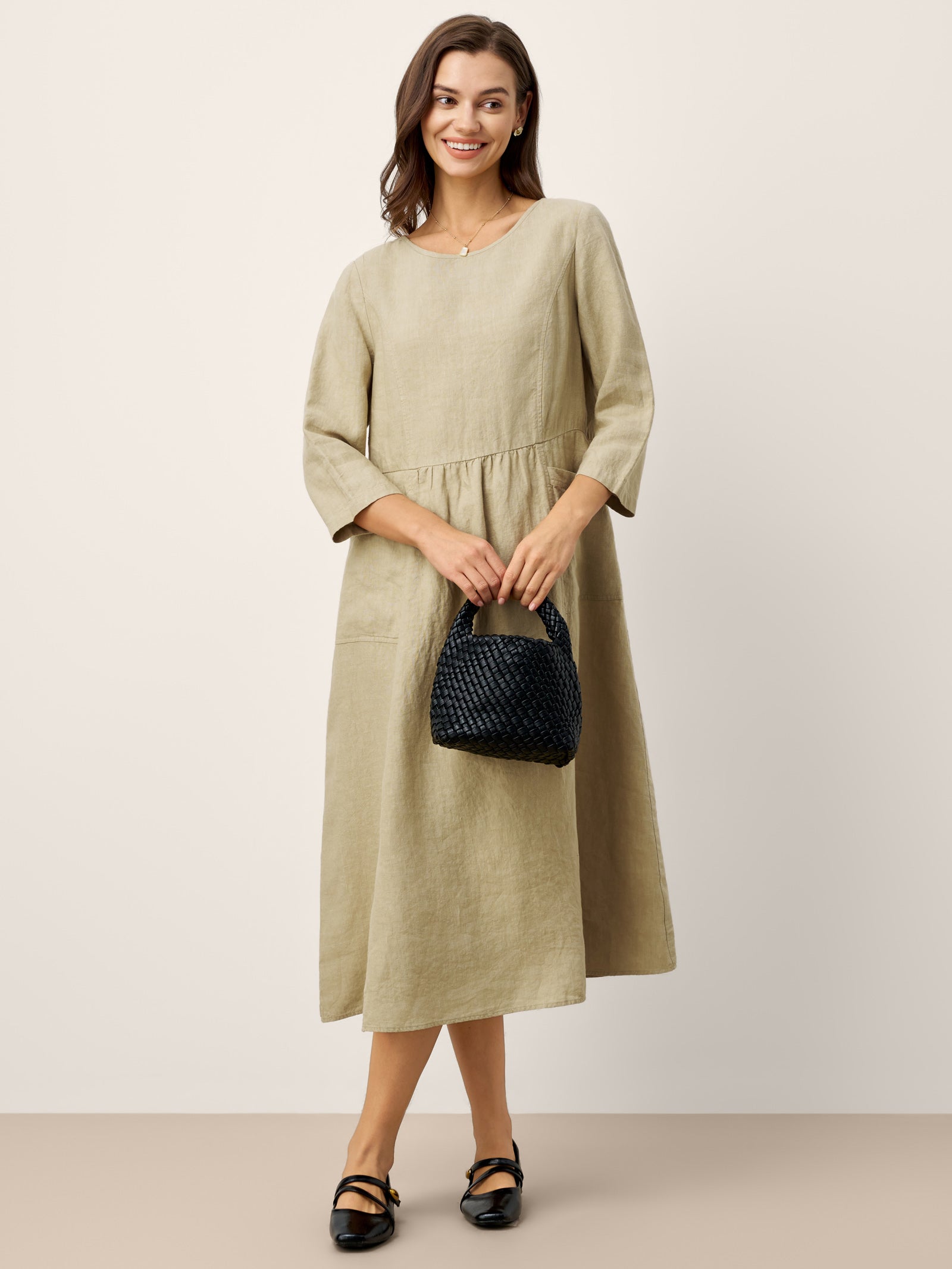 LINTICO 100% Linen Shirred Waistline Patch Pocket Maxi Dress MARCELLA — detail shot 7