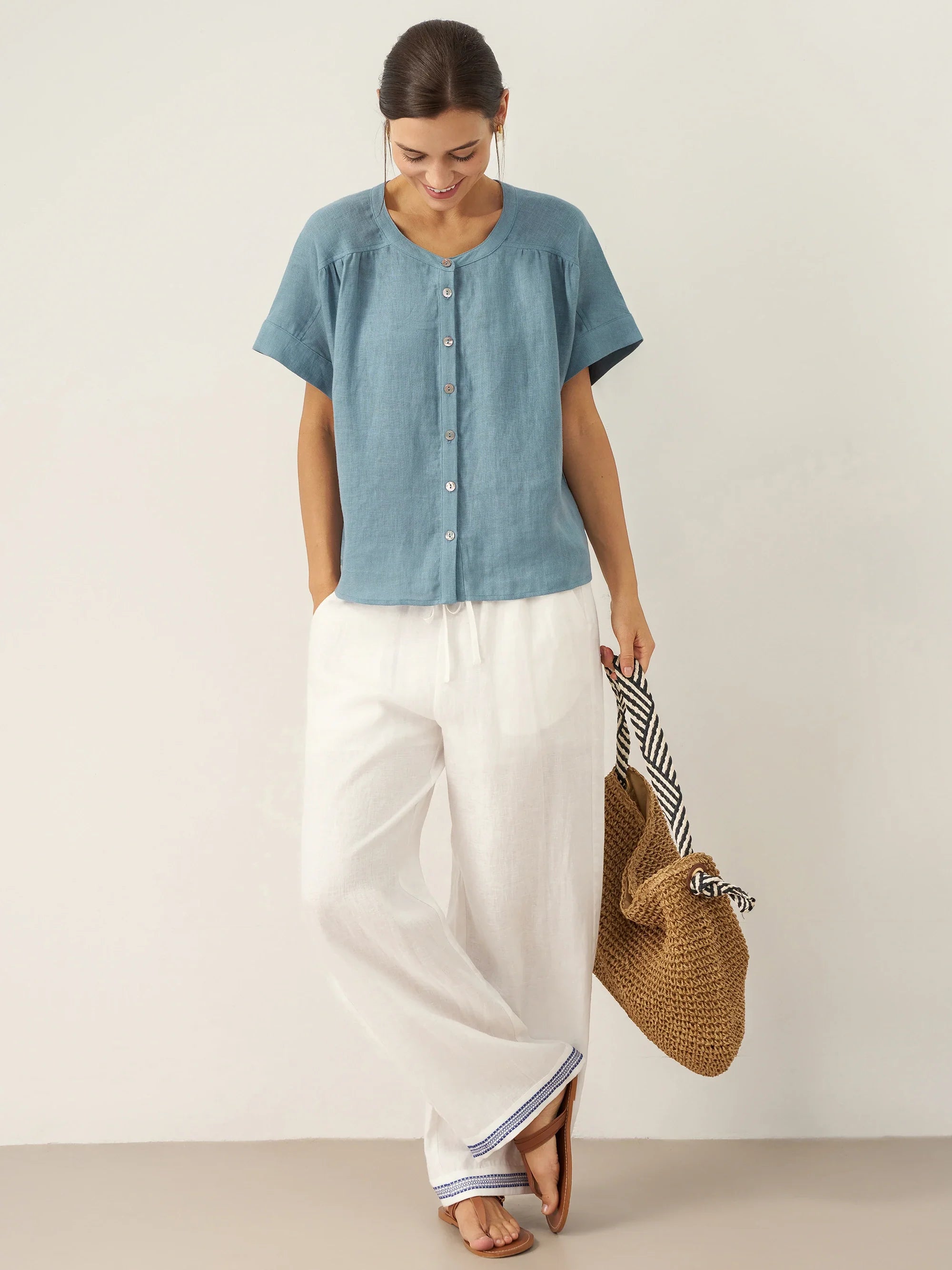 LINTICO 100% Linen Short Sleeve Crew Neck Shirt FINA — detail shot 9