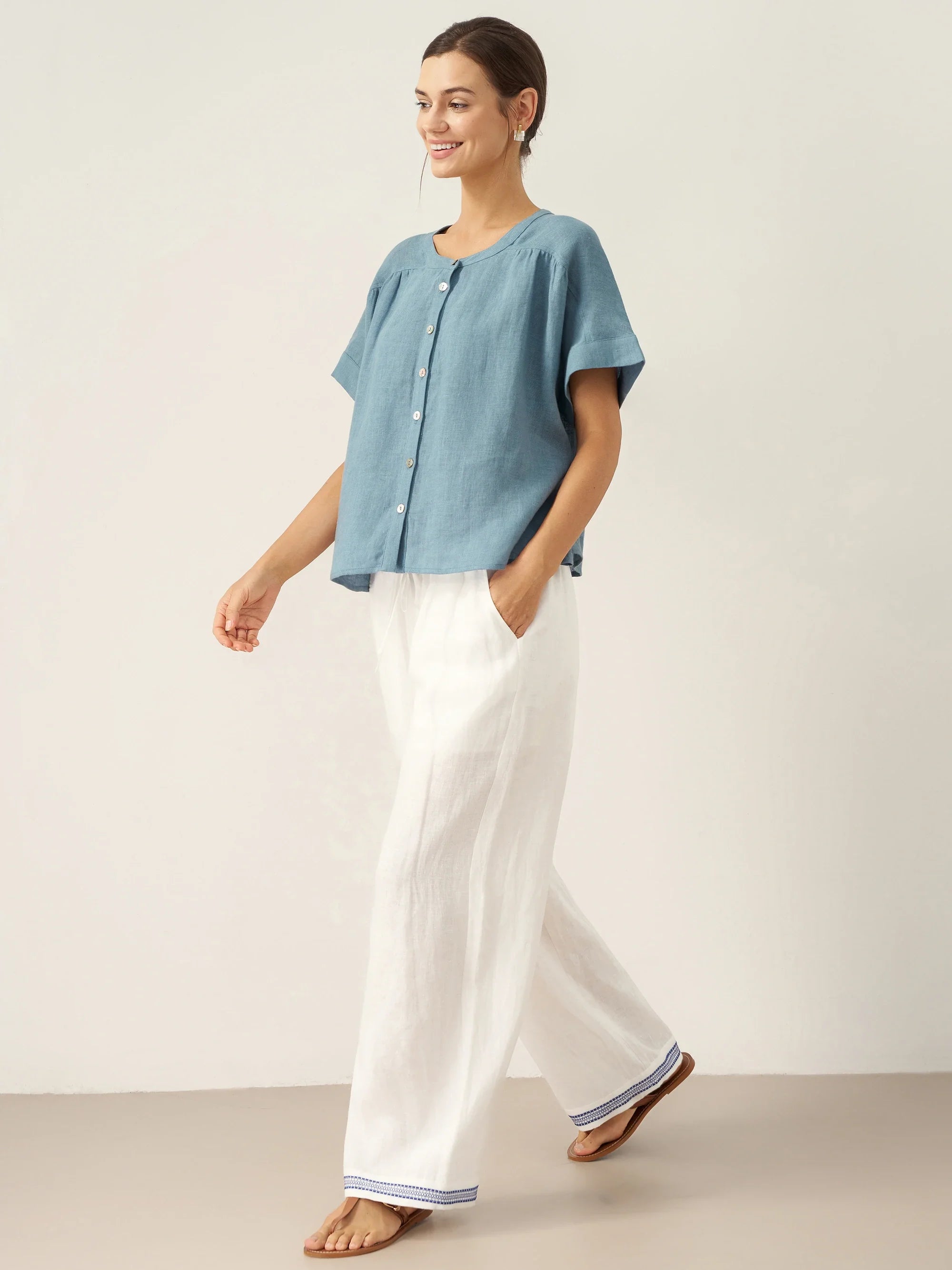 LINTICO 100% Linen Short Sleeve Crew Neck Shirt FINA — detail shot 8