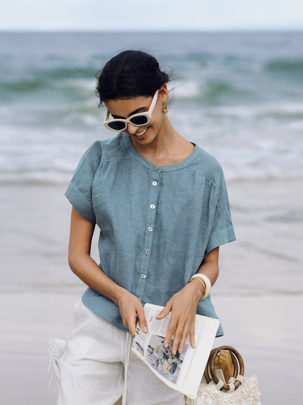 LINTICO 100% Linen Short Sleeve Crew Neck Shirt FINA — Short Sleeve detail