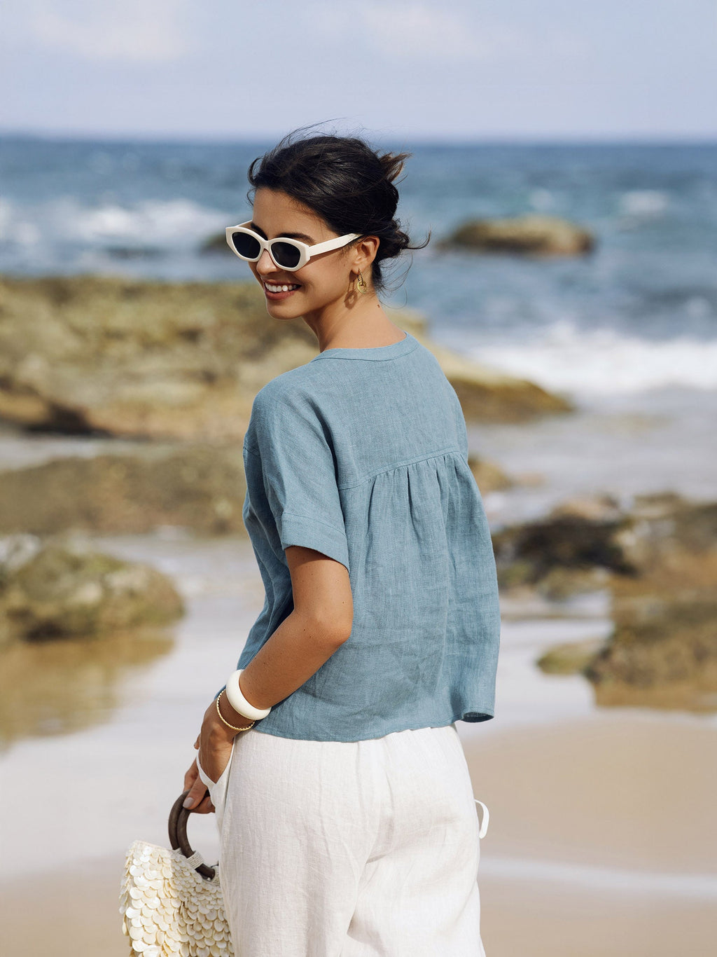 LINTICO 100% Linen Short Sleeve Crew Neck Shirt FINA — tops-shirts-linen category context