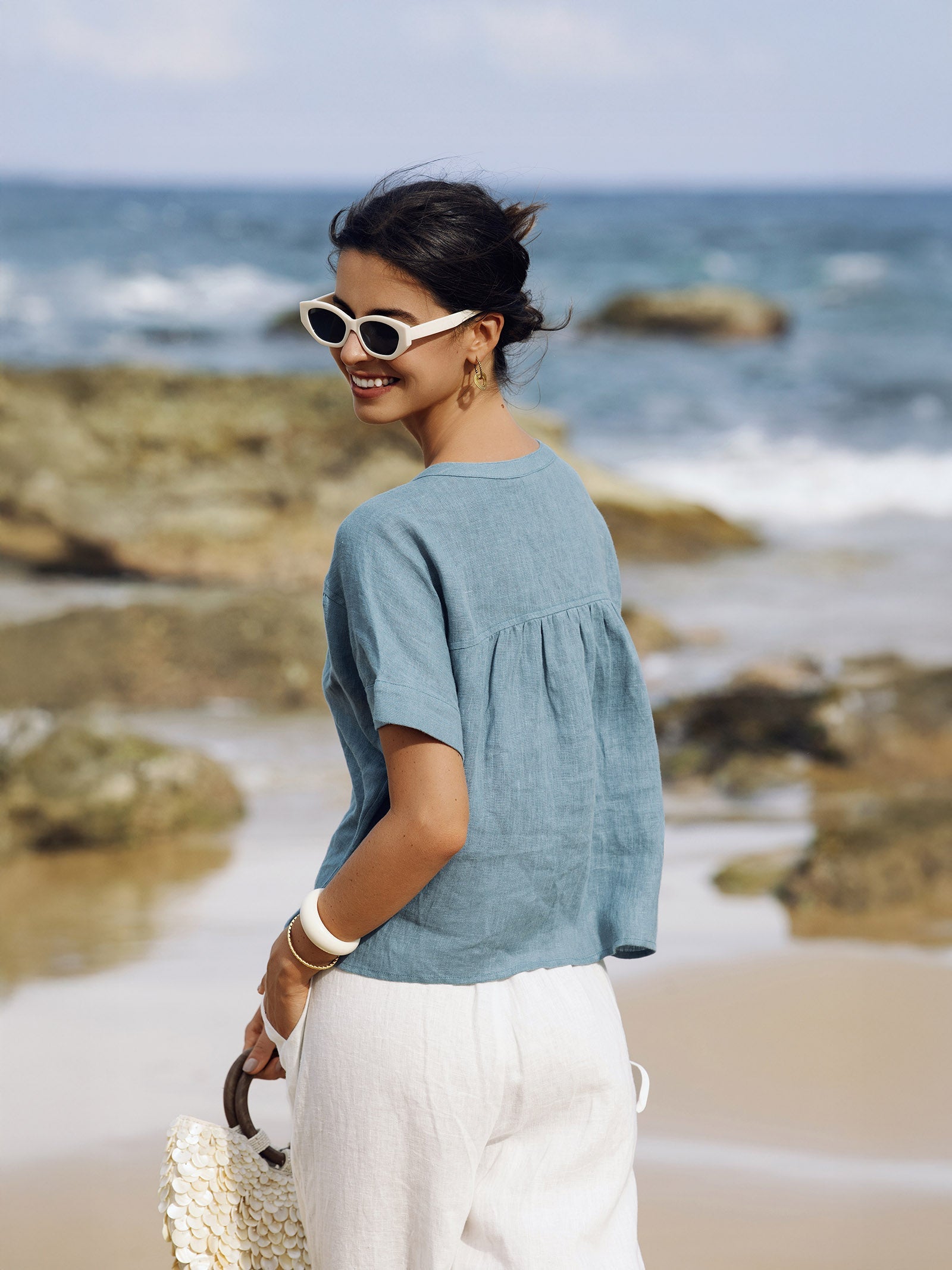 LINTICO 100% Linen Short Sleeve Crew Neck Shirt FINA — tops-shirts-linen category context