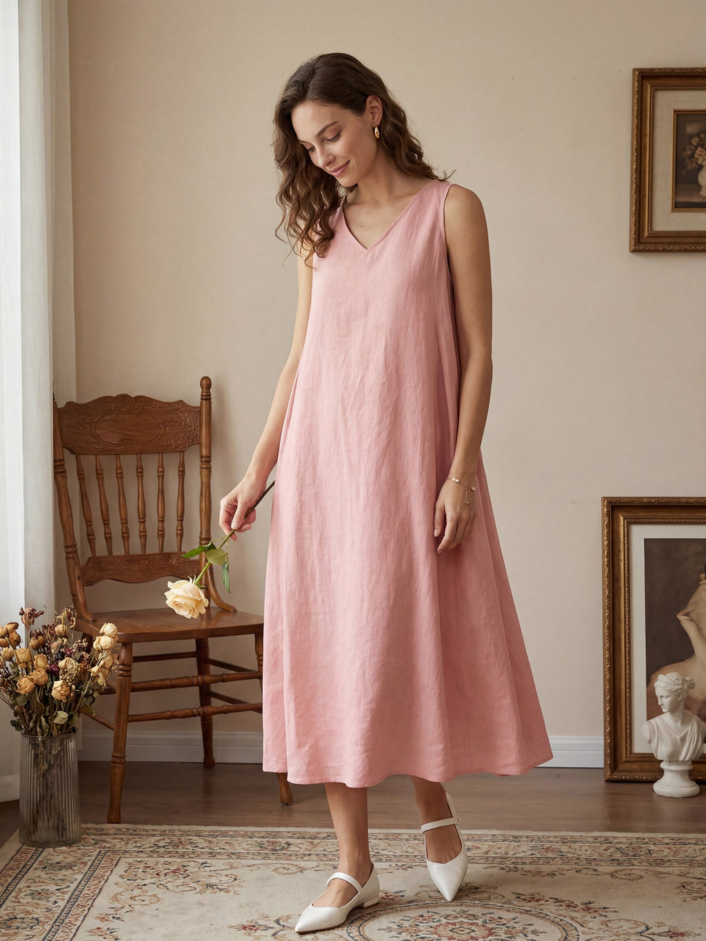 LINTICO 100% Linen Sleeveless A-Line Maxi Dress TARA — detail close-up