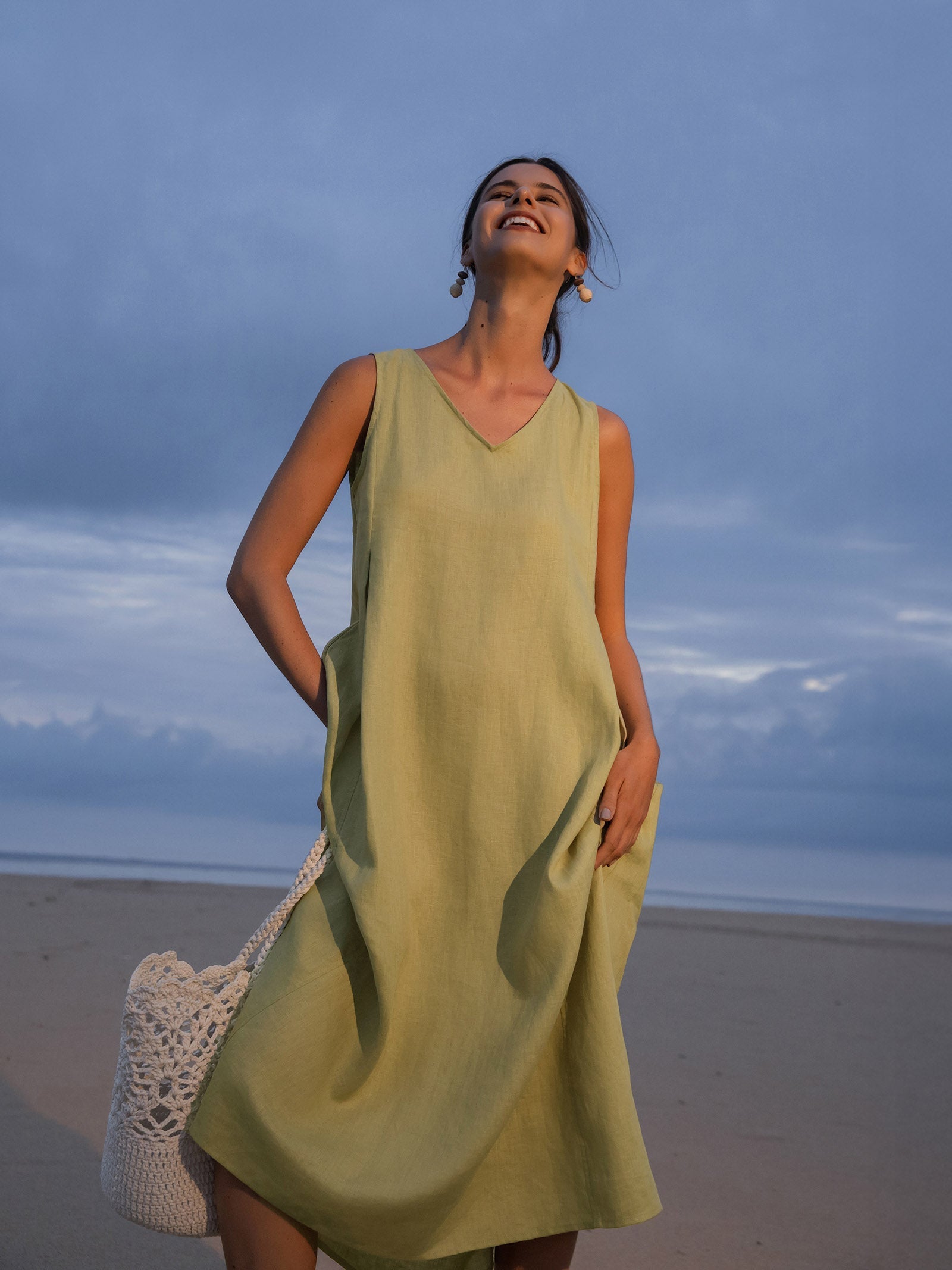 LINTICO 100% Linen Sleeveless A-Line Maxi Dress TARA — LINTICO branding close-up