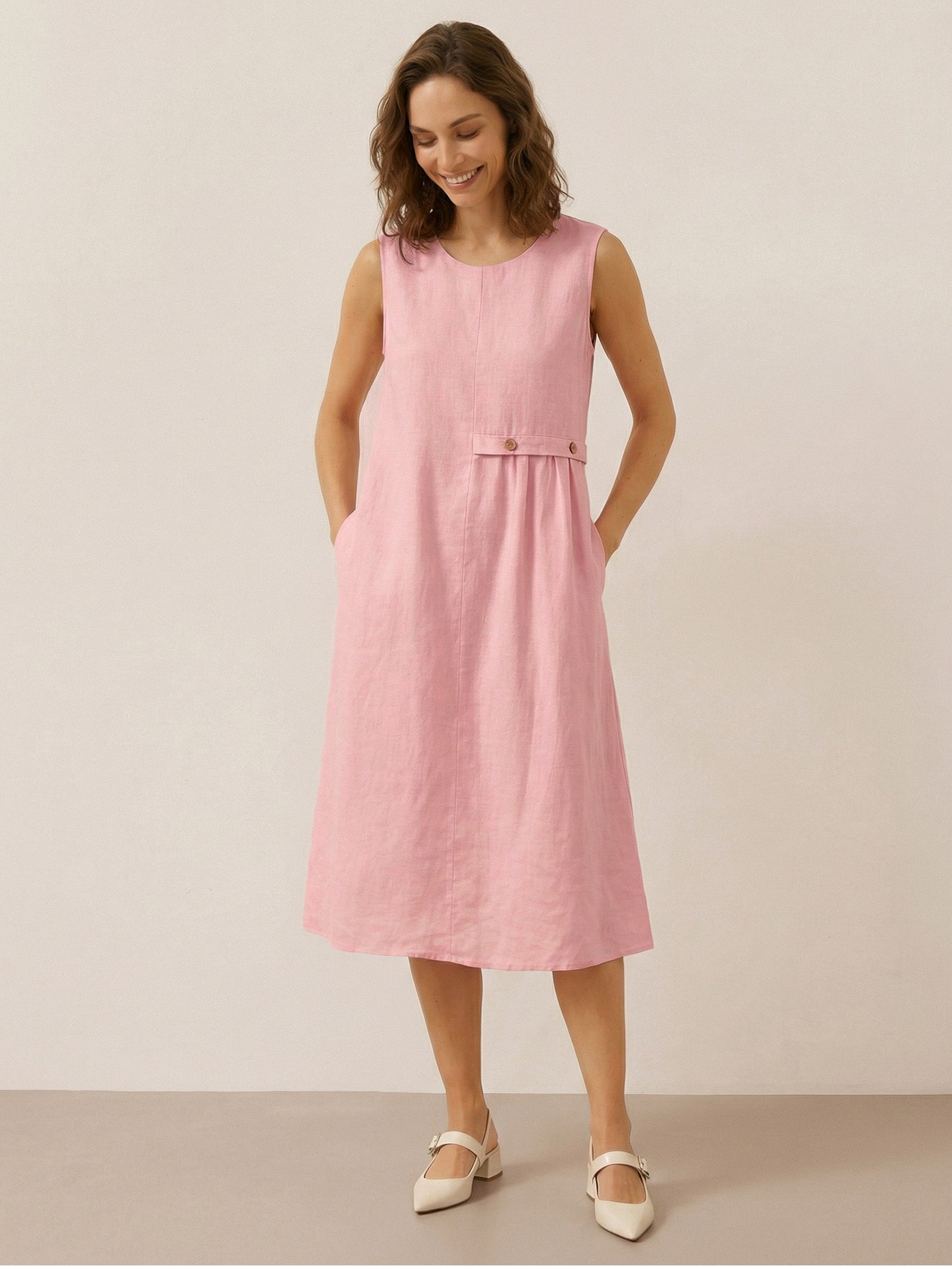 LINTICO 100% Linen Sleeveless Accordion Pleat Midi Dress TINA — lifestyle worn / used context