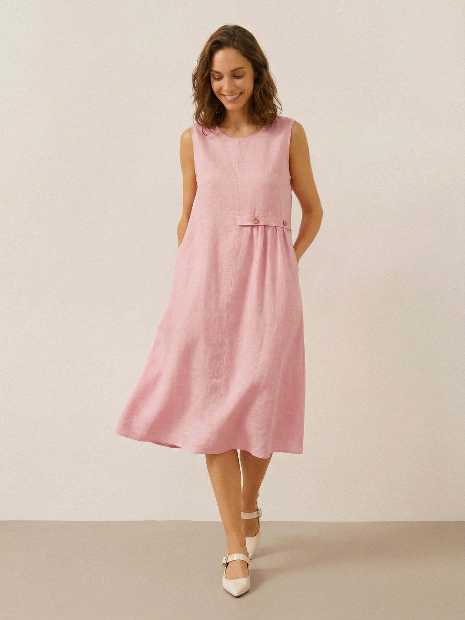 LINTICO 100% Linen Sleeveless Accordion Pleat Midi Dress TINA — construction detail