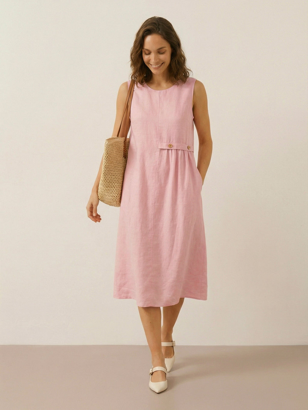 LINTICO 100% Linen Sleeveless Accordion Pleat Midi Dress TINA — detail shot 8