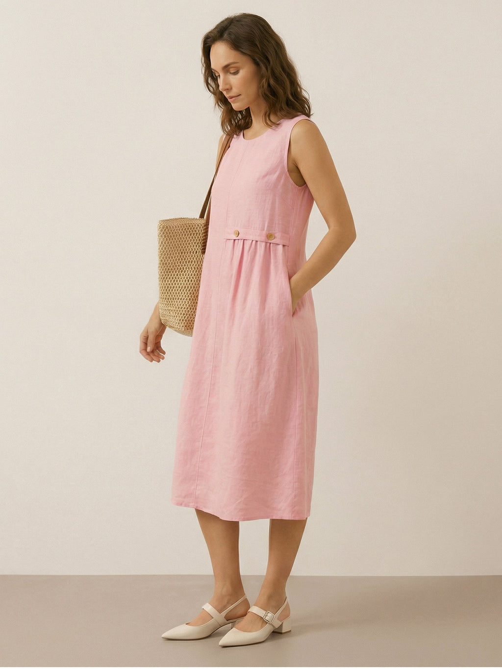 LINTICO 100% Linen Sleeveless Accordion Pleat Midi Dress TINA — detail shot 7