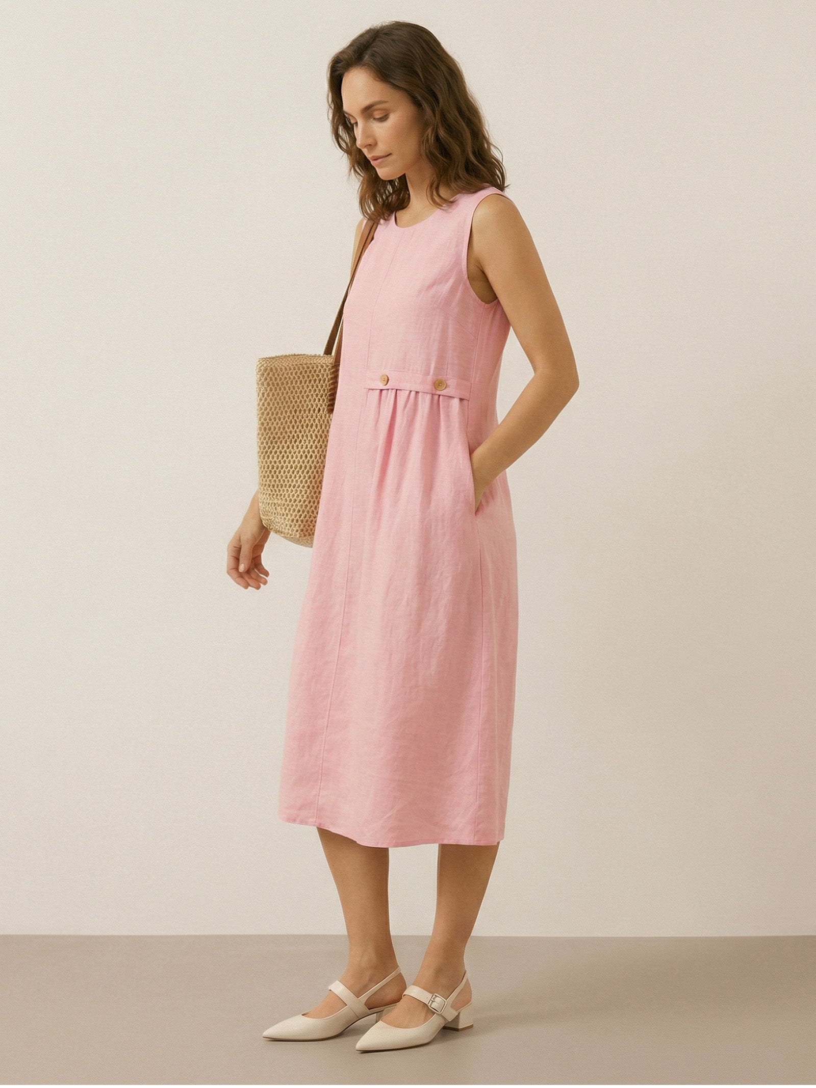LINTICO 100% Linen Sleeveless Accordion Pleat Midi Dress TINA — detail shot 7