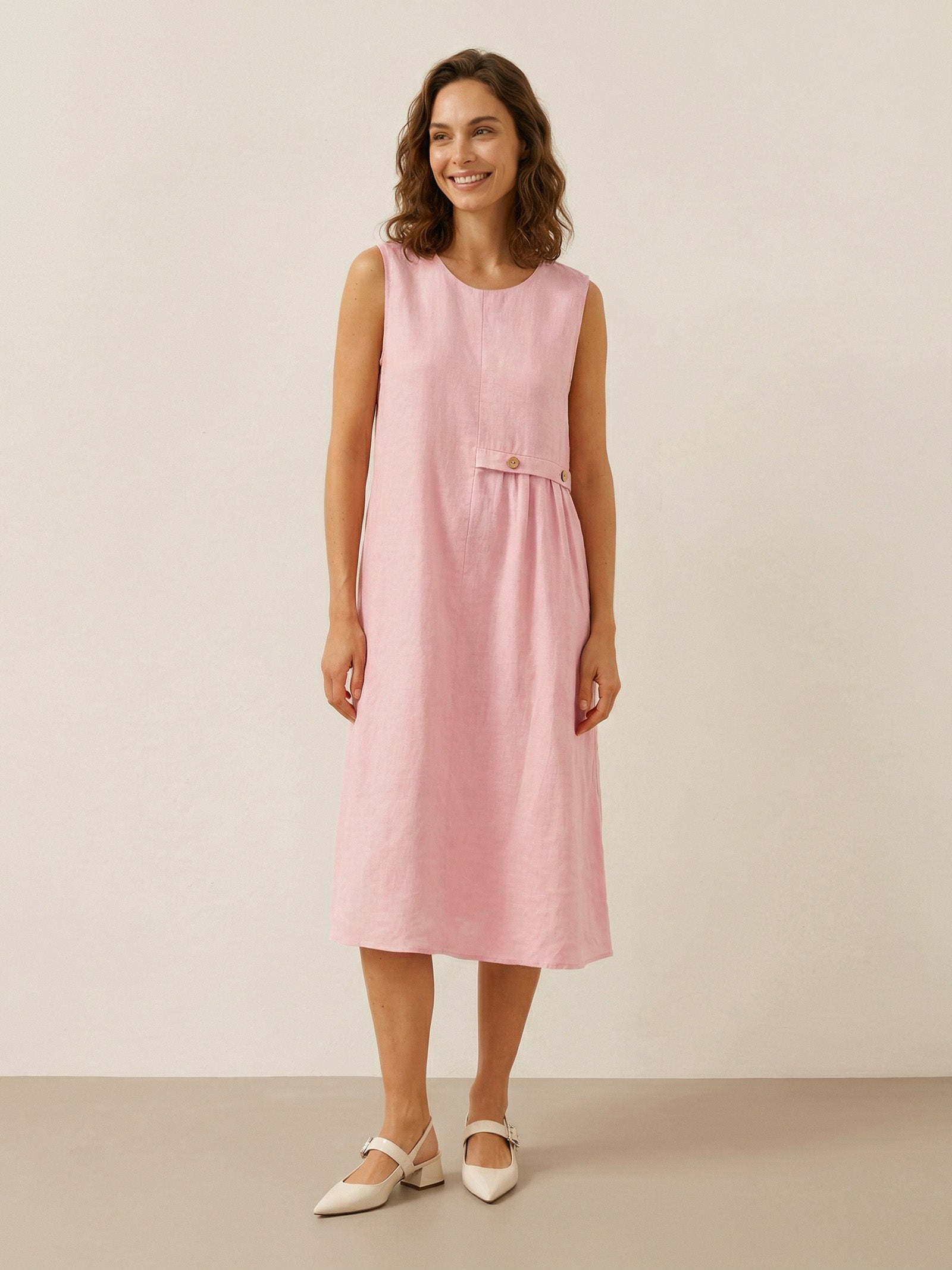 LINTICO 100% Linen Sleeveless Accordion Pleat Midi Dress TINA — main product shot