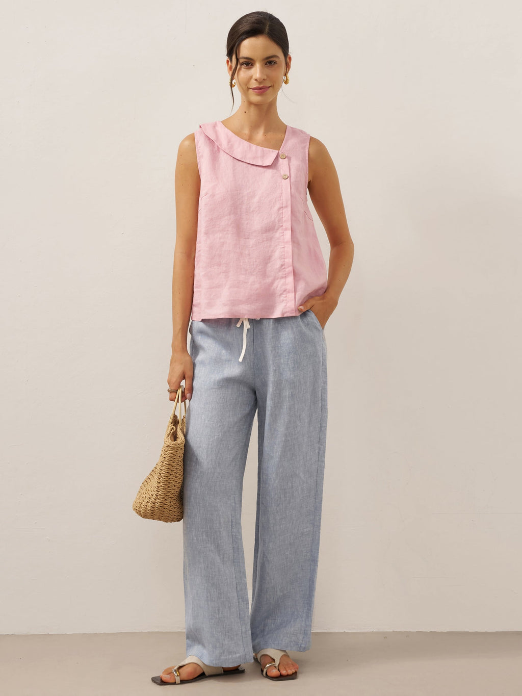 LINTICO 100% Linen Sleeveless Crescent Collar Top KARA — detail shot 8