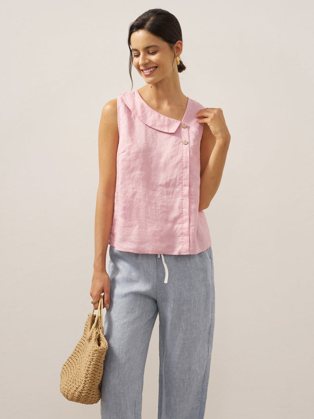 LINTICO 100% Linen Sleeveless Crescent Collar Top KARA — detail shot 7