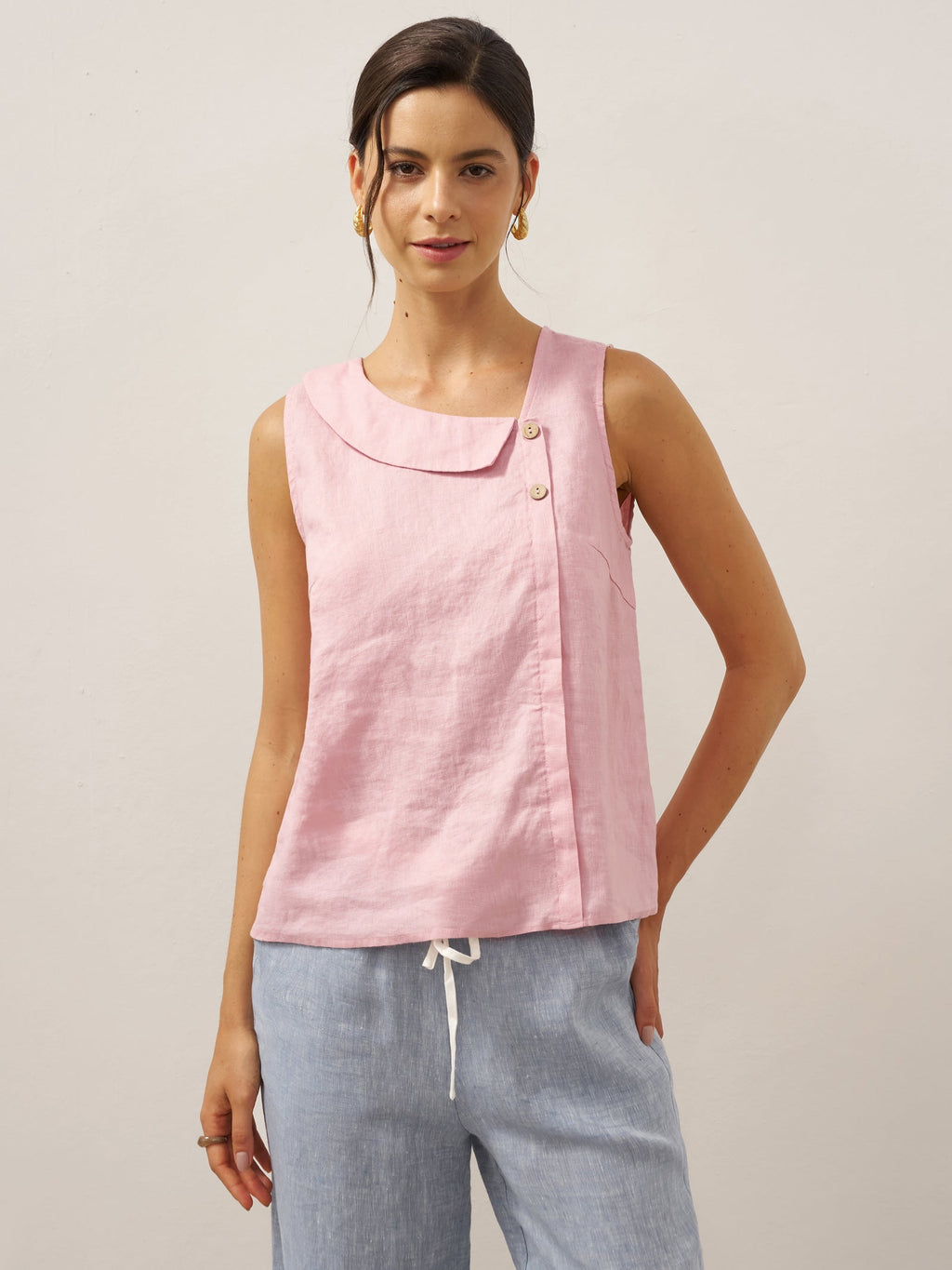 LINTICO 100% Linen Sleeveless Crescent Collar Top KARA — main product shot