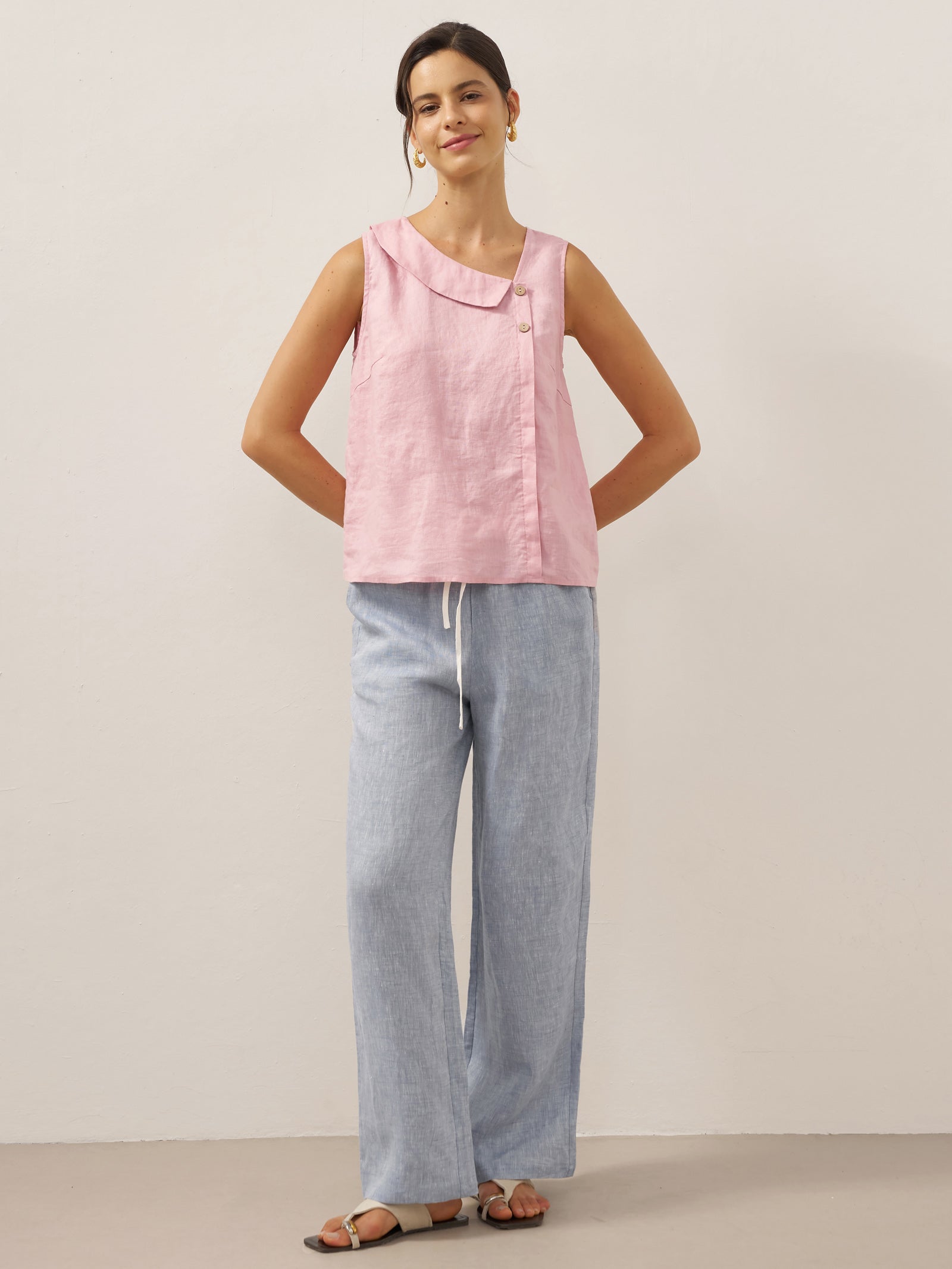 LINTICO 100% Linen Sleeveless Crescent Collar Top KARA — detail shot 9