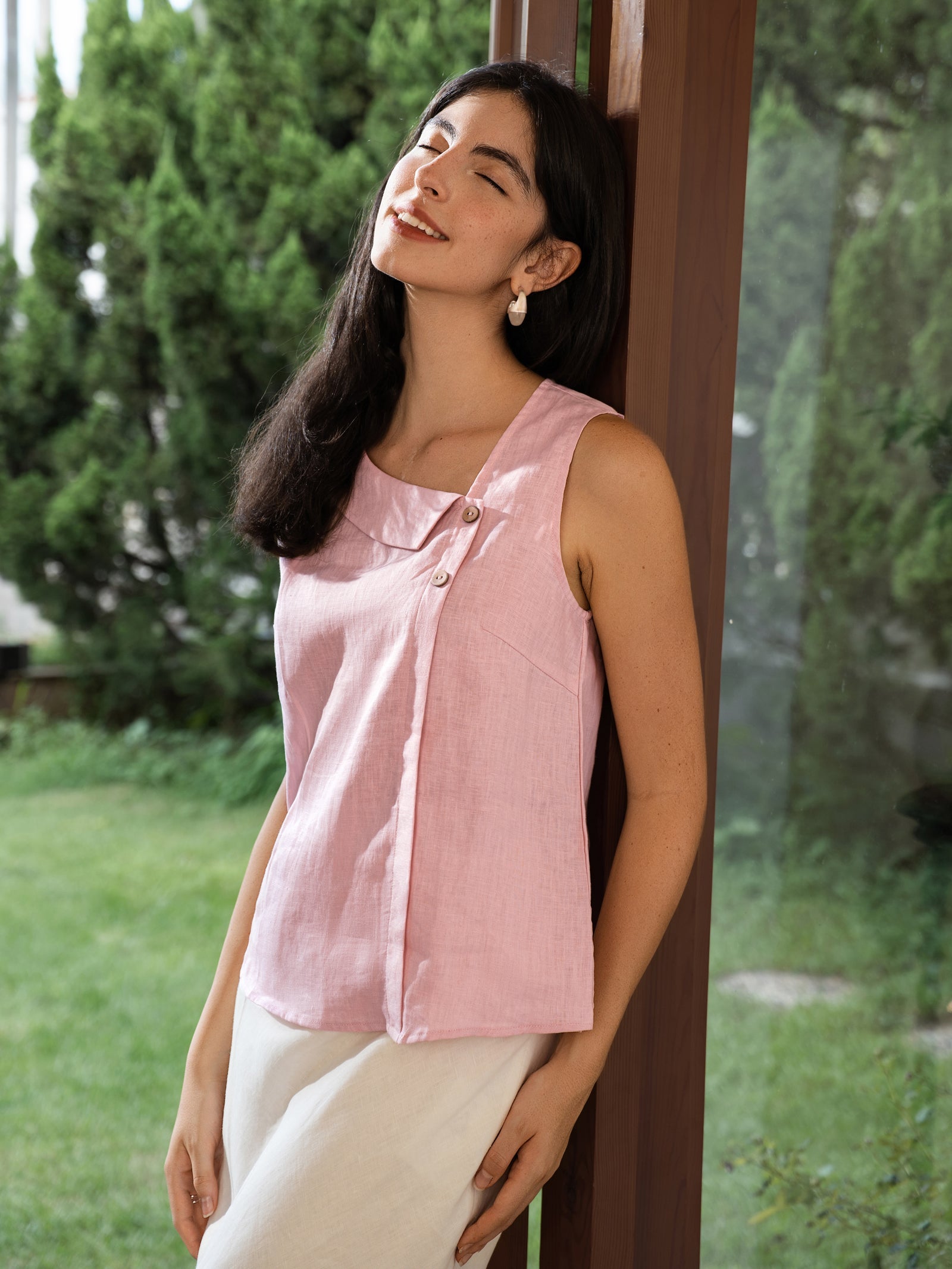 LINTICO 100% Linen Sleeveless Crescent Collar Top KARA — tops-tanks-linen category context