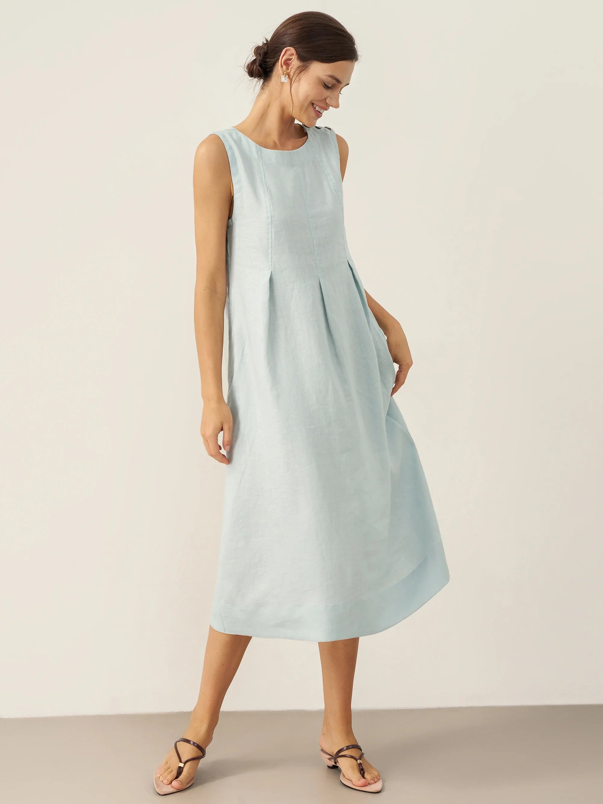 LINTICO 100% Linen Sleeveless Shoulder Button Midi Dress FREYA — product on model