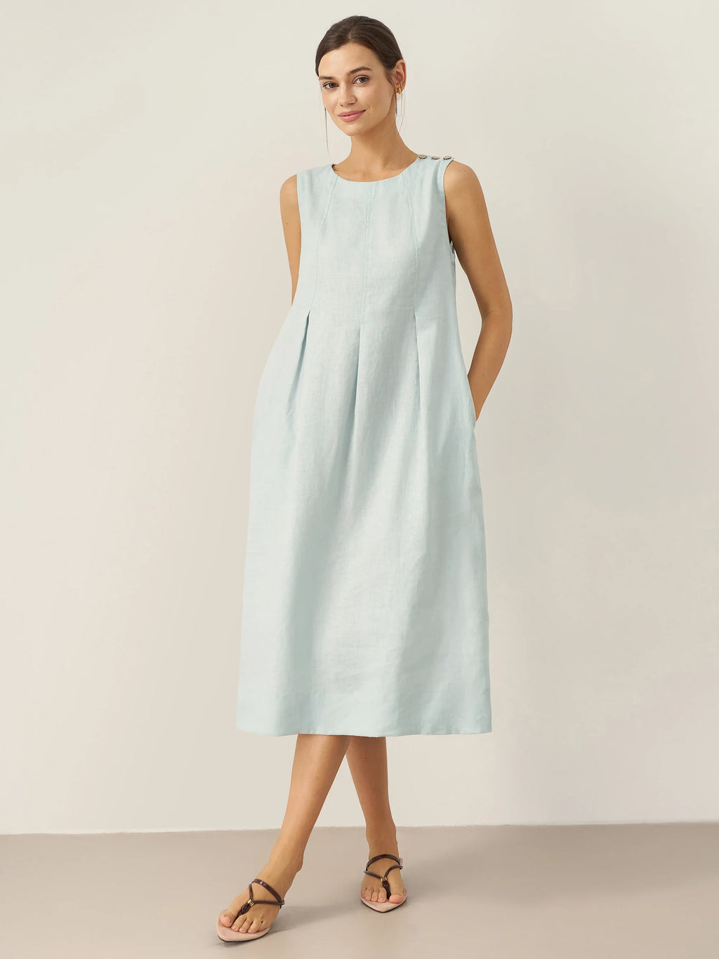 LINTICO 100% Linen Sleeveless Shoulder Button Midi Dress FREYA — side view