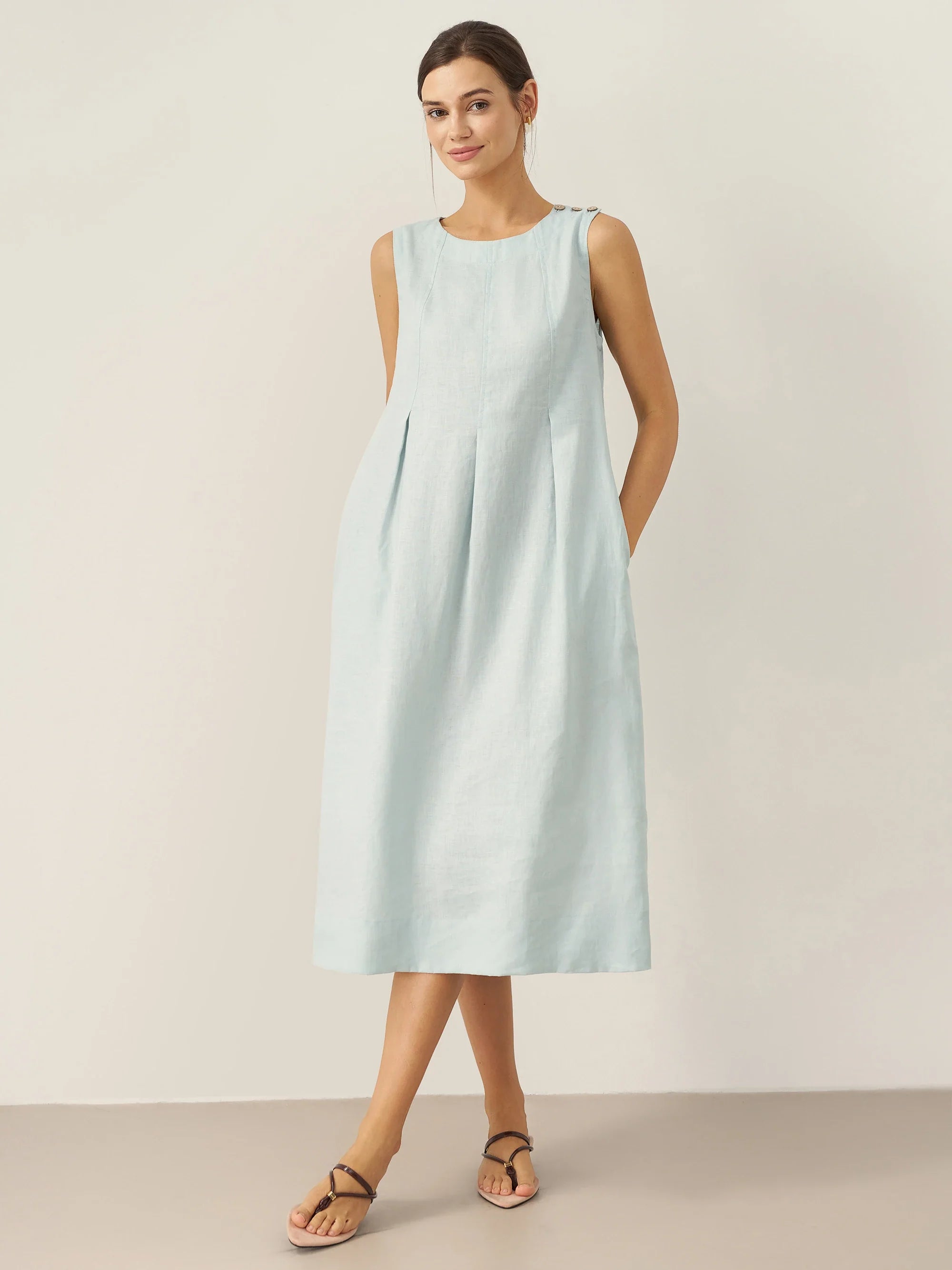 LINTICO 100% Linen Sleeveless Shoulder Button Midi Dress FREYA — side view