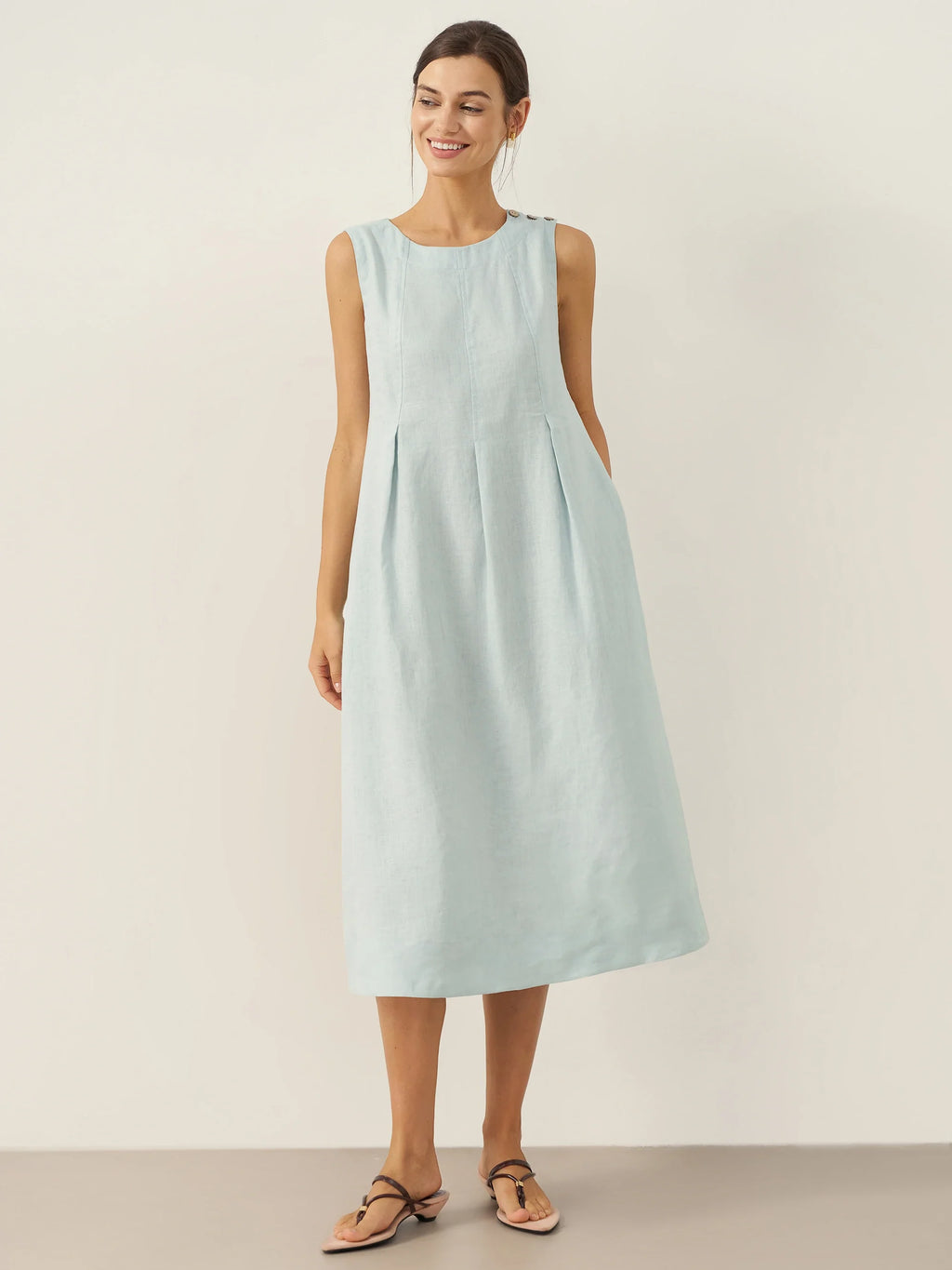 LINTICO 100% Linen Sleeveless Shoulder Button Midi Dress FREYA — fabric or material detail