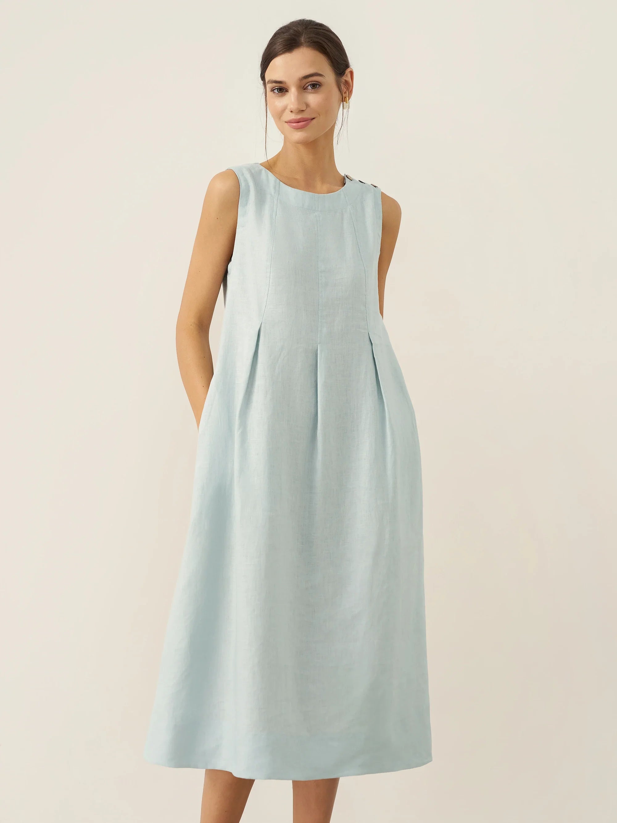 LINTICO 100% Linen Sleeveless Shoulder Button Midi Dress FREYA — detail shot 7