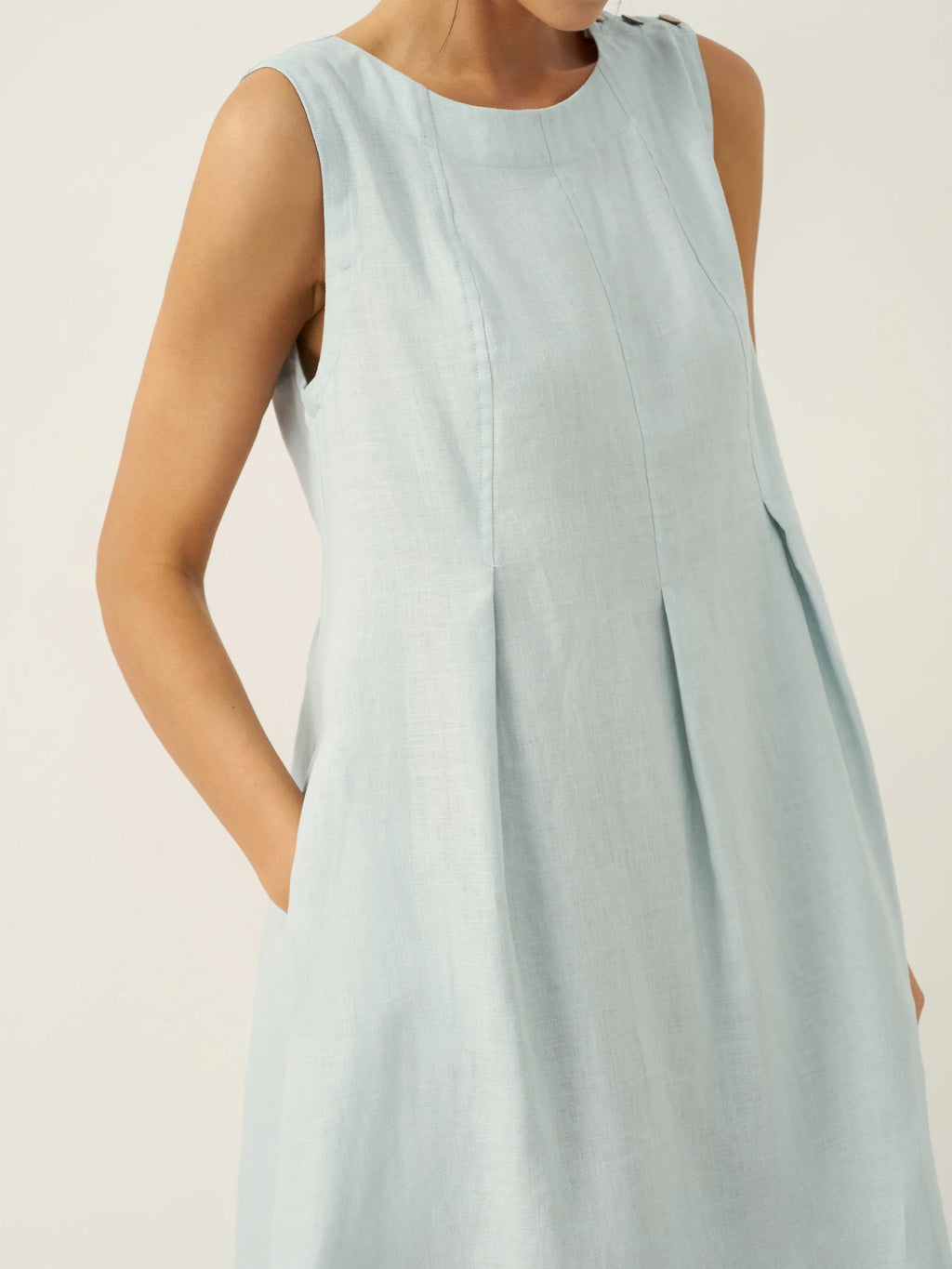 LINTICO 100% Linen Sleeveless Shoulder Button Midi Dress FREYA — feature highlight
