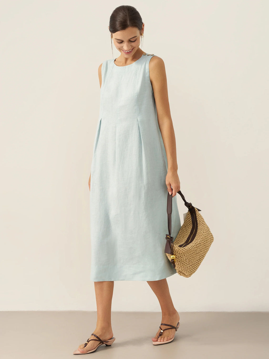 LINTICO 100% Linen Sleeveless Shoulder Button Midi Dress FREYA — detail shot 10