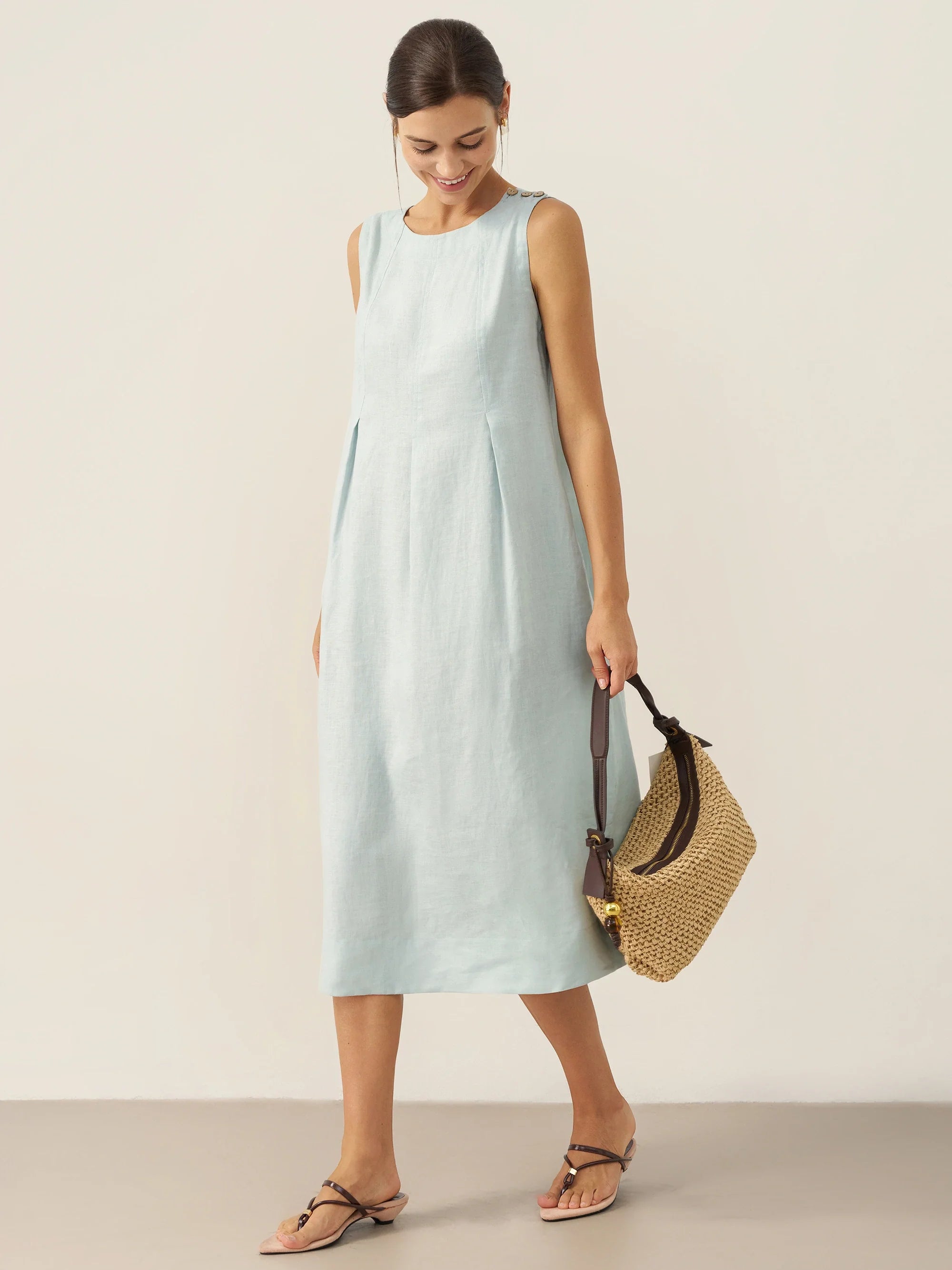 LINTICO 100% Linen Sleeveless Shoulder Button Midi Dress FREYA — detail shot 10