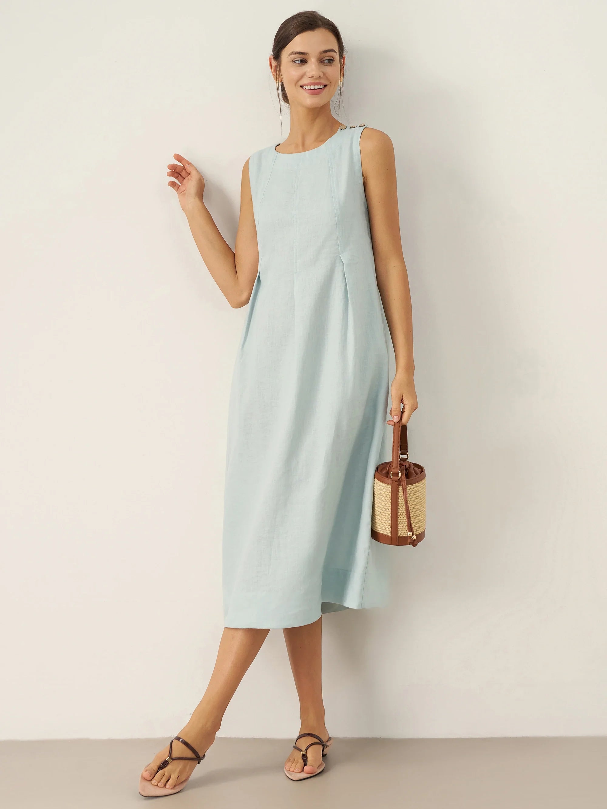 LINTICO 100% Linen Sleeveless Shoulder Button Midi Dress FREYA — comparison shot