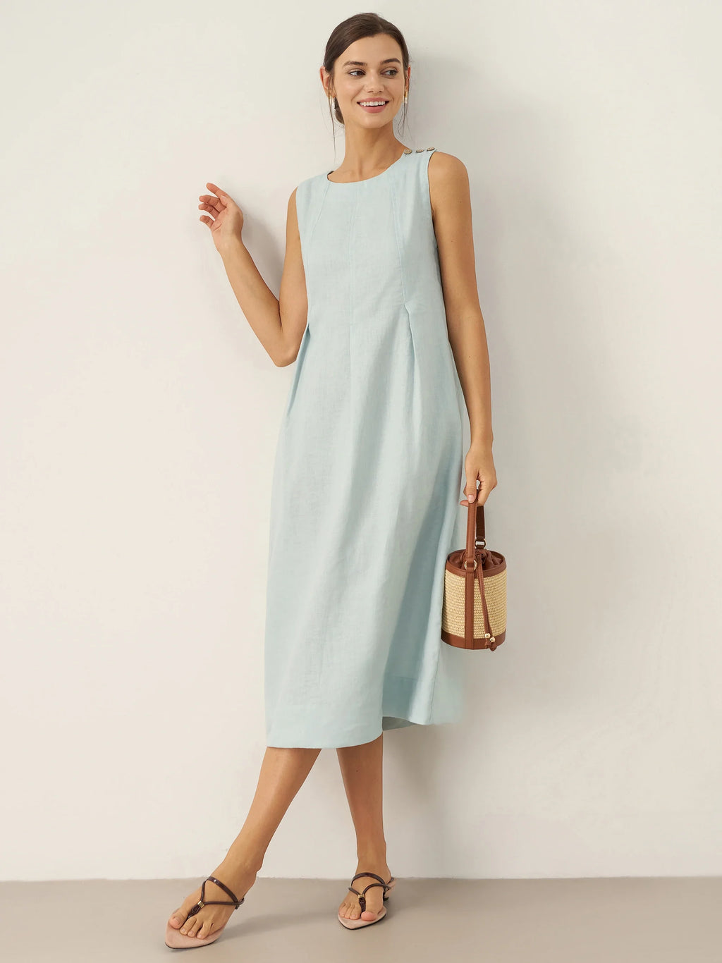 LINTICO 100% Linen Sleeveless Shoulder Button Midi Dress FREYA — in-use photo