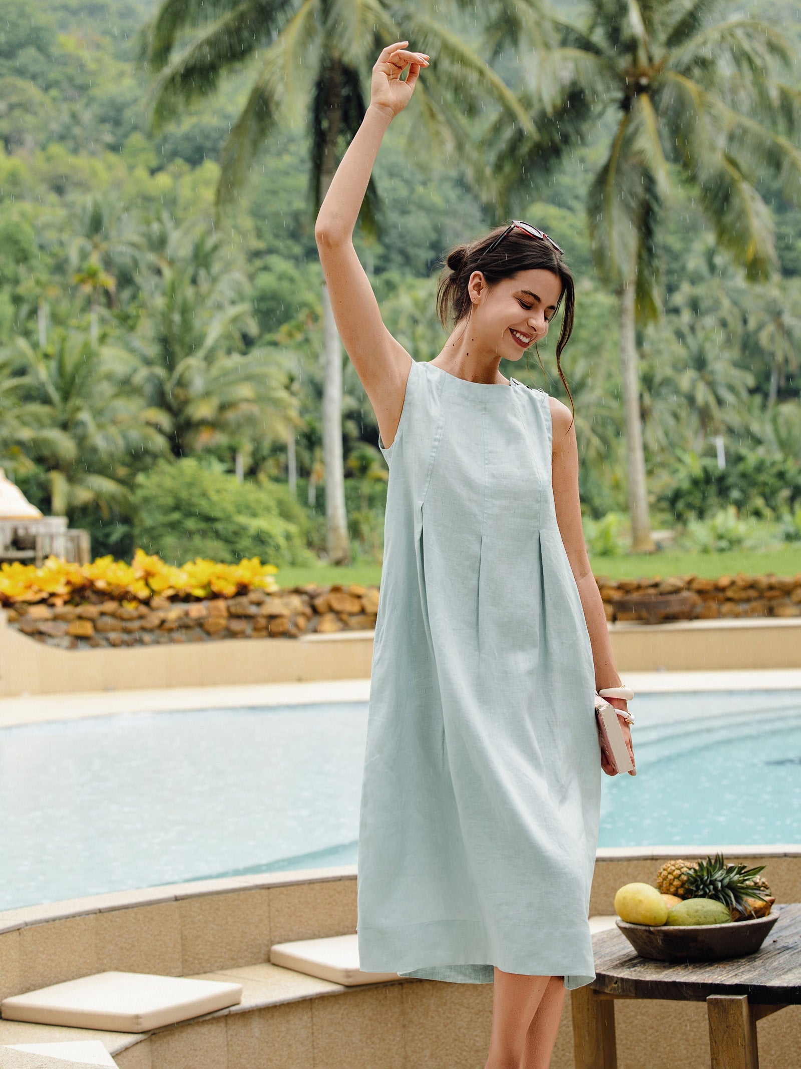 LINTICO 100% Linen Sleeveless Shoulder Button Midi Dress FREYA — main product shot
