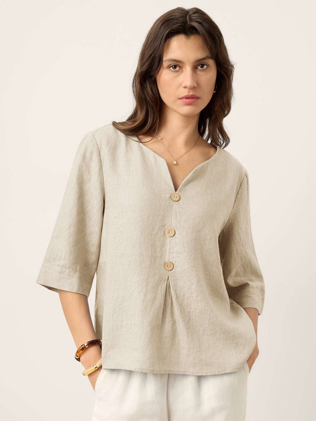 LINTICO 100% Linen Split Neck Inverted Pleat Top TABITHA — detail shot 9